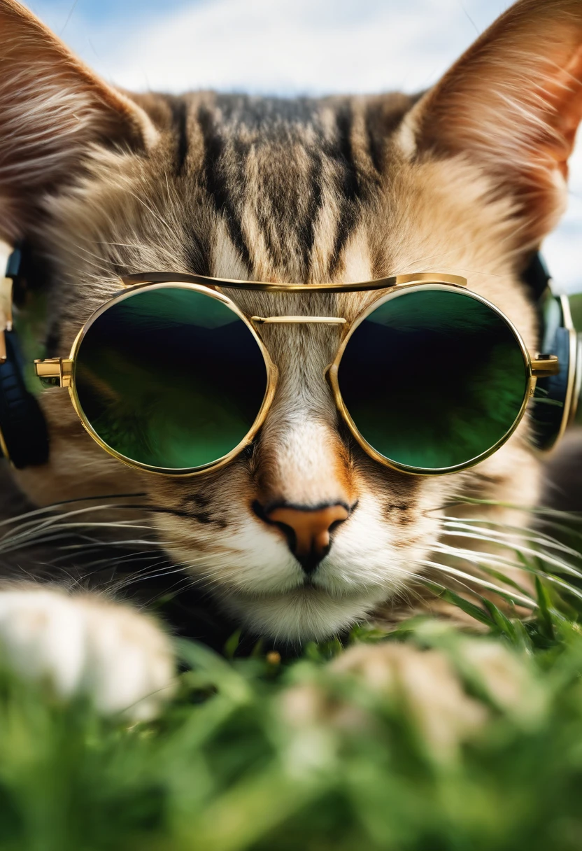 Perfect centering, Trendy cat in sunglasses
Musical cat with headphones
Happy cat
Kitten lying on the grass
Cat in abstract art style, cheerfulness, Abstract beauty, Centered,, nearing perfection, Dynamic, Highly detailed, smooth, Sharp focus, 8K