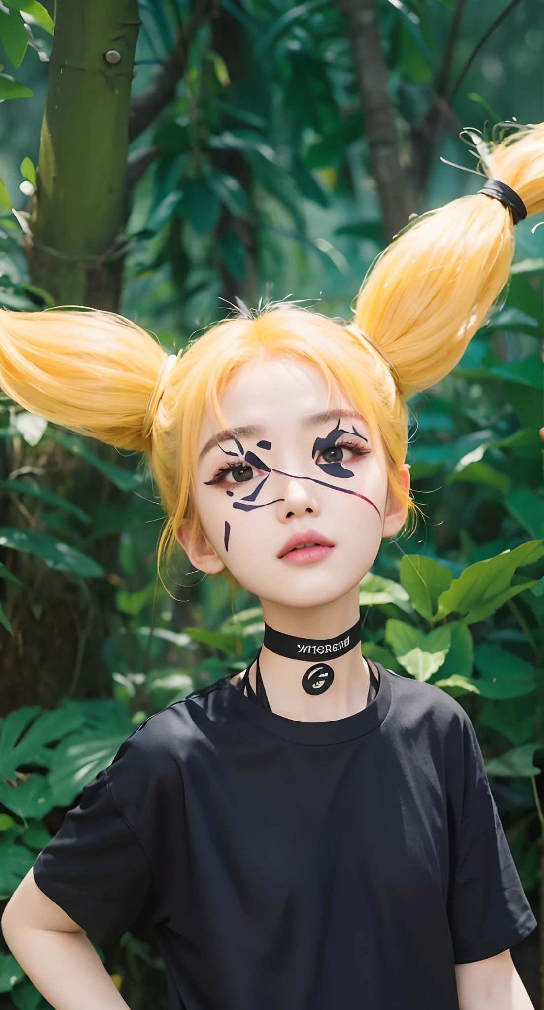 Real life adaption of this character, Korean teen beauty face,looking to viewer,realistic same yellow hairstyle ,realistic jungle with many grass background, hyper realistic, realistic light, realistic shadow, realism,(photorealistic:1.2), (realistic same outfit), normal eyes