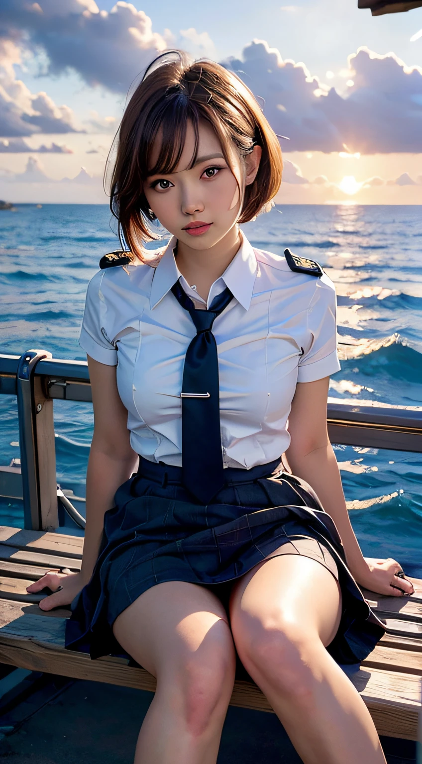 (Best quality, High resolution, Masterpiece :1.3), A pretty woman,
Against the backdrop of an orange-tinted sunset sky with clouds and the sun sinking into the sea, there is a beautiful high school girl in a school uniform sitting. Her hair is light brown, and it’s in a medium bob style. ,
plump big breasts , Constricted waist, She’s wearing a white blouse and pleated skirt as part of her uniform. She’s sitting with her legs apart, and her gaze is directed towards the camera. Please create this scene from a low-angle shot.,