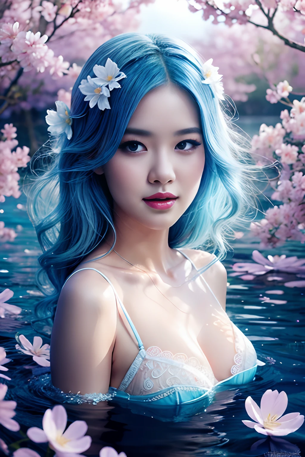 Best image quality, super high resolution, (actual photo: 1.4), white lingerie, white panties, see-through panties, lace panties, beauty with blue hair and flowers floating in the water, beautiful beauty, beautiful digital illustration, beautiful artwork illustration, beautiful digital artwork, beautiful gorgeous digital art, beautiful digital art, Asian woman water element, gorgeous digital art, very beautiful digital art, fantasy closeup with water magic, beautiful fantasy art, beautiful digital painting, beautiful digital illustration, gorgeous digital painting