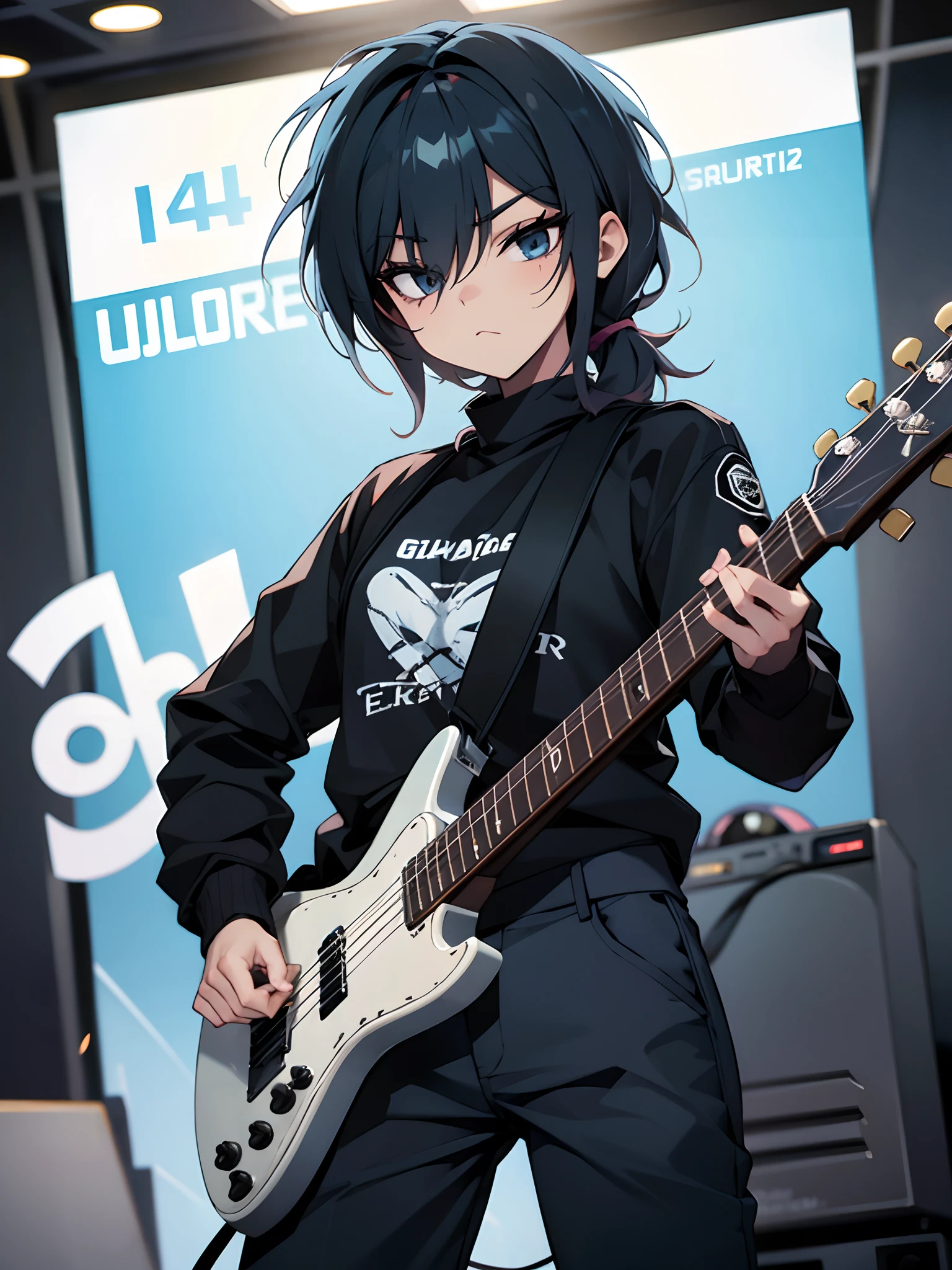 Garoto de *******, Genderbend, cabelo preto, olhos pretos, segurando uma guitarra eletrica, Your fingers are pressed into the guitar, foto de corpo inteiro, Comics, rockeiro, tocando guitarra eletrica, Standing photo, black trousers, botas de couro, Detail Foot, 4k, ultra, foto de corpo inteiro