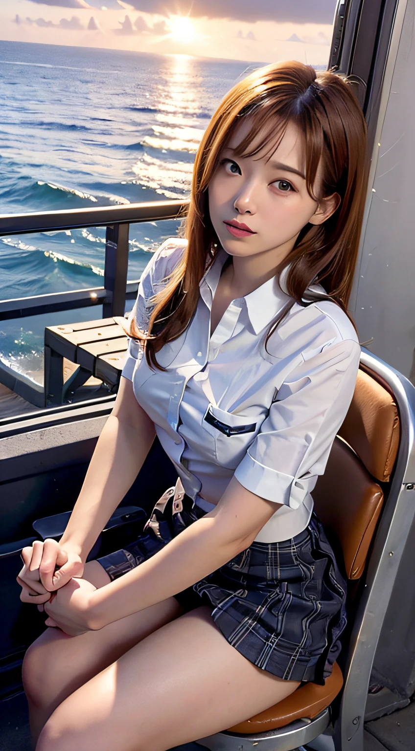 Masterpiece :1.3), A pretty woman, Slender figure, Dark brown hair, T-shirt, (Street in city at night), Highly detailed face and skin texture, Detailed eyes, Double eyelid

Against the backdrop of an orange-tinted sunset sky with clouds and the sun sinking into the sea, there is a beautiful high school girl in a school uniform sitting. Her hair is light brown, and it’s in a medium bob style. She’s wearing a white blouse and pleated skirt as part of her uniform. She’s sitting with her legs apart, and her gaze is directed towards the camera. Please create this scene from a low-angle shot.,