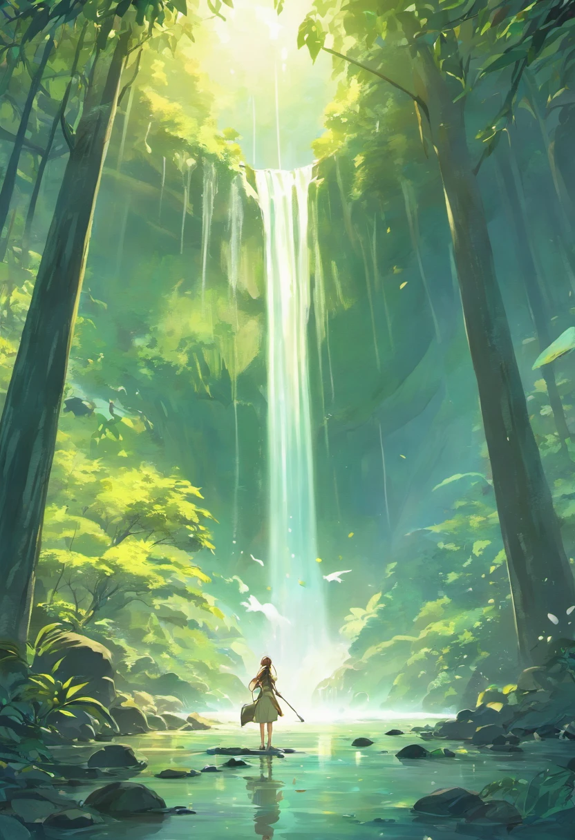 Create a stunning and unique landscape, Highlighting a majestic waterfall in a lush natural setting. A cachoeira deve ser o ponto focal da imagem, With crystal clear waters falling from impressive heights, Creating a curtain of mist in the air. The surroundings of the waterfall should be surrounded by lush vegetation, including tall trees, Vibrant Flowers and Exotic Plants.

The scenery around the waterfall should be equally captivating and unique. Can include intriguing rock formations, como penhascos escarpados ou arcos naturais, que complementam a majestade da cachoeira. The sky should be painted in amazing color tones, refletindo a luz do sol do amanhecer ou do entardecer, Creating a magical atmosphere.

Ademais, inclua elementos de fauna, like colorful birds or butterflies, to add life to the scene. The water of the waterfall should be depicted in stunning detail, Capturing the reflections of sunlight and the fascinating patterns created by water droplets.

Use your creativity to convey a sense of serenity and wonder in this unique landscape. Concentre-se nos detalhes e na atmosfera para criar uma imagem que transporte os espectadores para um mundo de beleza natural e esplendor