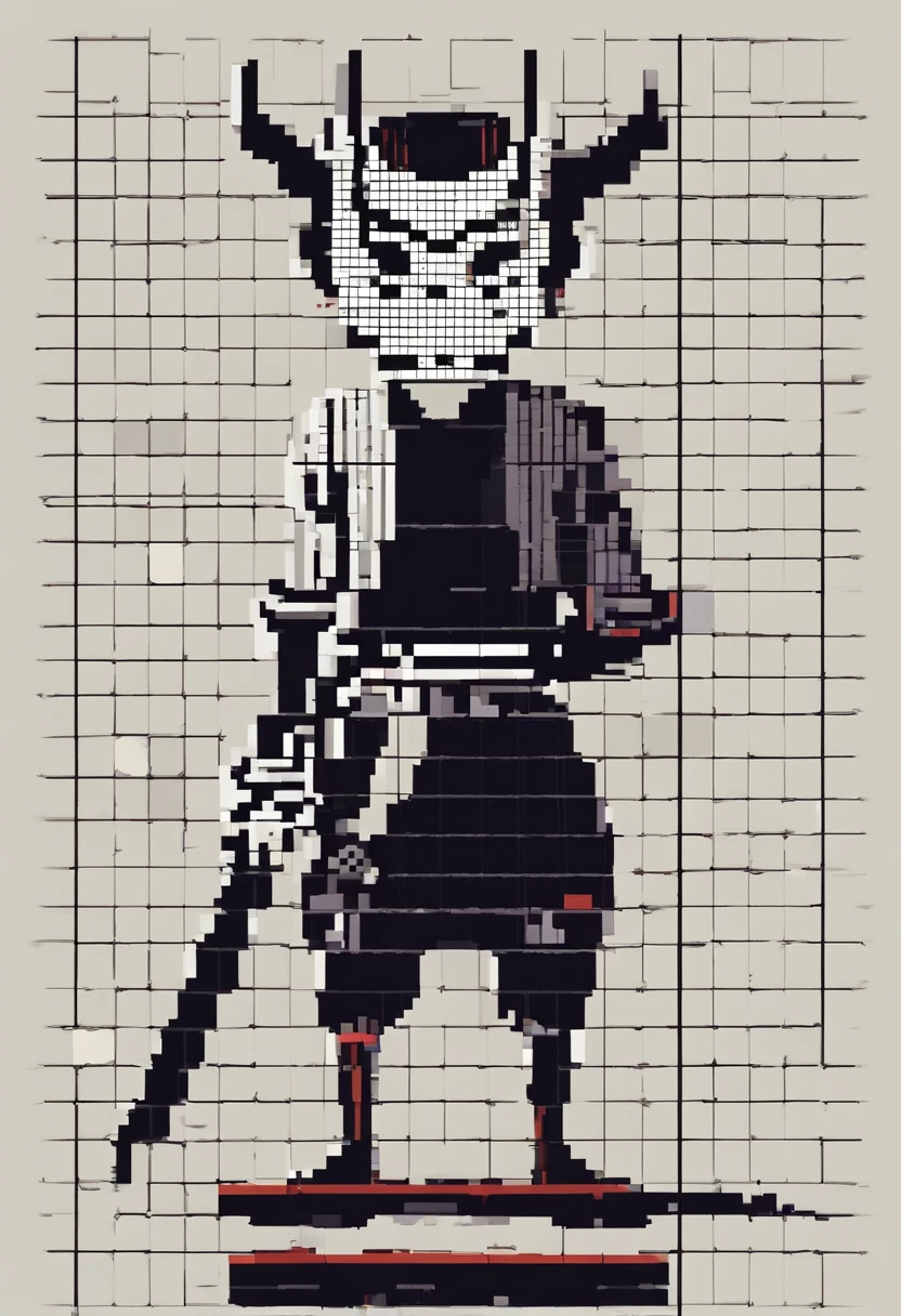 Pixels art, white man with japanese black dress, with japanese demon mask, face to the left, with katana ready to strike