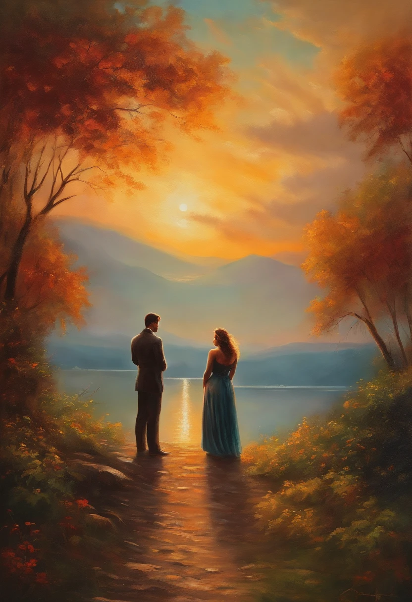 Man and woman embraced looking at the horizon oil painting style
