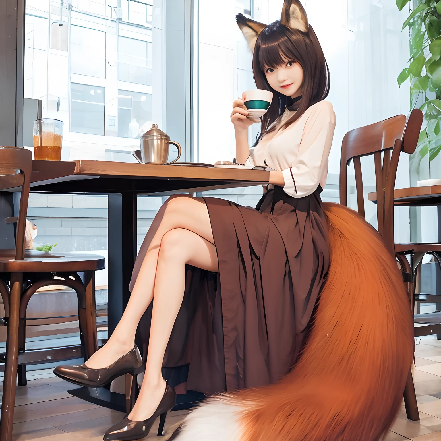 foxgirl, fox nobushi, a beautiful kitsune woman, Fox tail, sitting in a cafe, sitting on a mocha-colored table, sitting in a cafe alone, Antro fox, in coffee shop, SFW version, foxes, top-quality, a picture