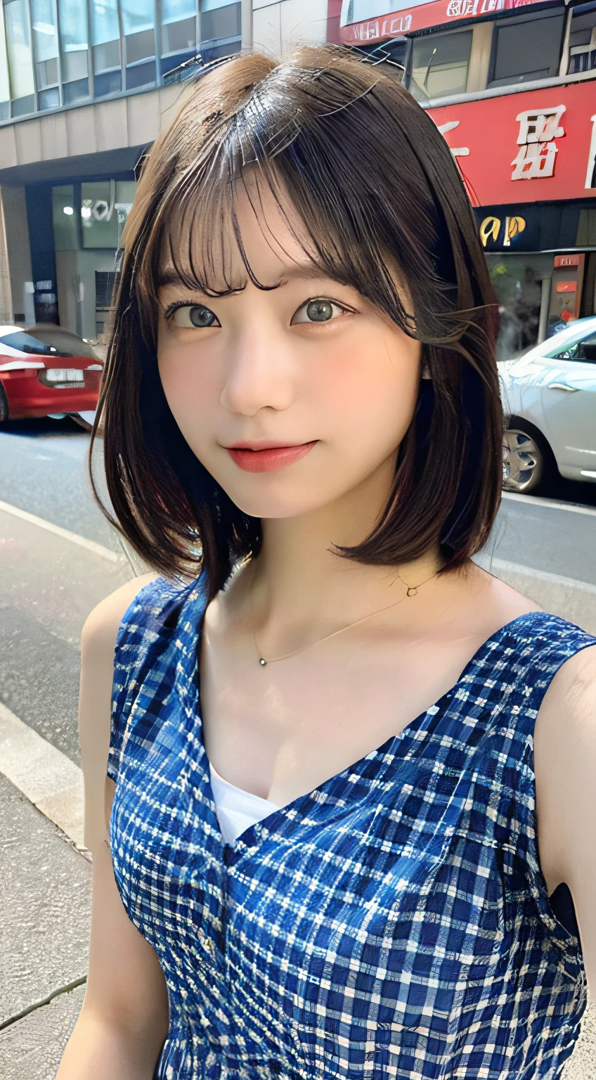 ((top-quality、masterpiece:1.3))、foco nítido:1.2、(realisitic、Photorealsitic:1.37)、perfect beautiful female、Highly detailed facial and skin texture、Detailed eyes and double eyelids、Small Smile、Shortcut Hair、Smaller bust、Small necklace、Light-colored cotton summer dress、city street at night、traffic jam、