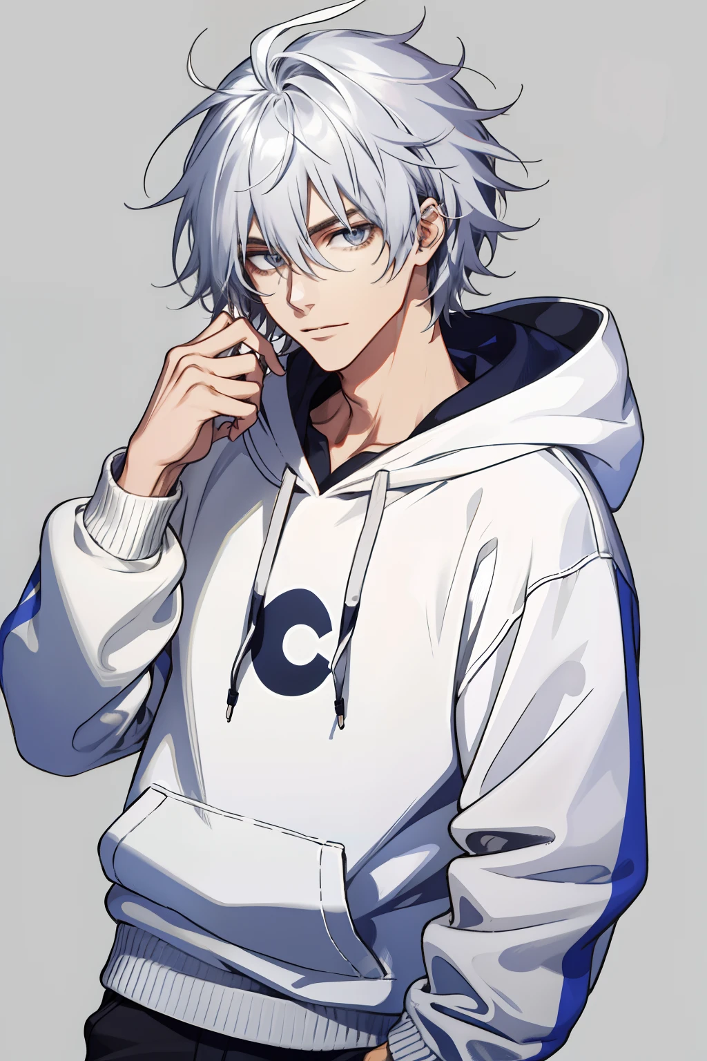 25 year old guy, Silvery fluffy hair, I'm wearing a casual hoodie、sexy facial expression、Sexy atmosphere、Plain background