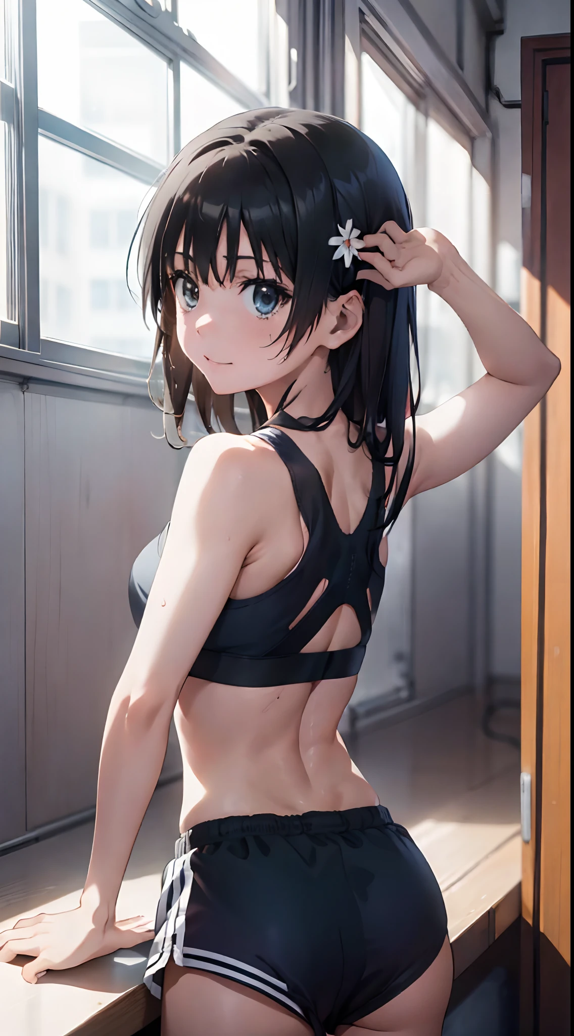 One lady,,japanes,(((Sportsbra,shortpants))),Full body portrait,,Wet with sweat,Natural smile,Clothes are wet,(((Nariko Saten)))High quality, detail, Depth and finesse。stares at the camera。Use of fisheye lenses、Beast hairstyle ban、Maintain finger shape、impact-resistanthigh-quality, detail, Depth and 3D effects。Worthy of 16k wallpapers。The texture of the material changes.、Realistic expression.。Official art。Natural light,((Realism: 1.2)), dynamic far view shot,Cinematic lighting, Perfect composition, by sumic.Has a small, ultra-detailliert, Official art, masutepiece, (Best Quality:1.3), glint, Highly detailed CG Unity 16K wallpaper, Detailed background, masutepiece, Best Quality, (masutepiece), (Best Quality:1.4), (超A high resolution:1.2), (hyper realisitic:1.4), (Photorealistic:1.2), Best Quality, High quality, hight resolution, Detail Enhancement,((()(((Looks Back)))