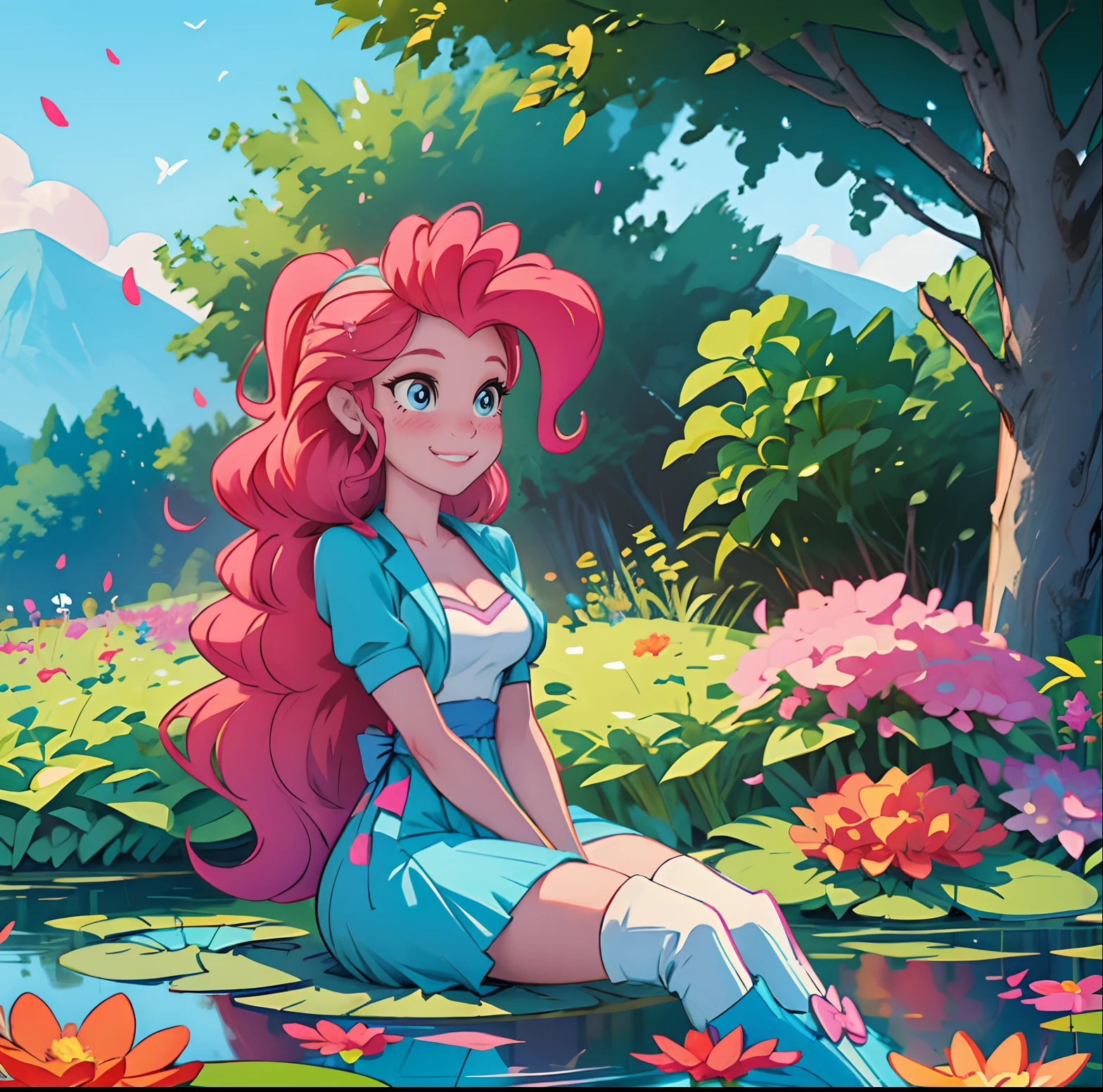 Pinkie pie, pinkie pie from my little pony, pinkie pie in the from if a girl, lush breast, voluminous breast, pink and blue frilly dress, at a garden full of flowers, pink and blue bows, blue oceanic eyes, cute sweet cheerful smile, pink coils curls, sided part bang, sitting in a garden holding pink and blue flowers, blue knee high boots, pond with lily pads on it, butterflies everywhere, flower bushes, heavenly landscape, gorgeous breathtaking scenery, ( highly detailed nature 1:5 ), highly derailed flower petals,