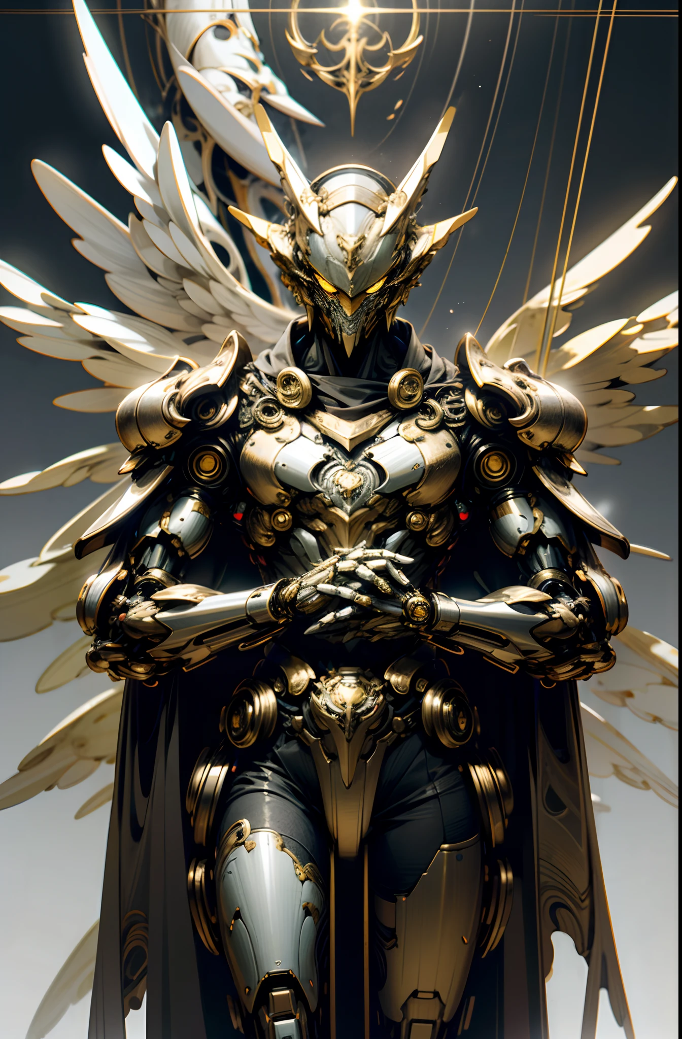 Dark_Fantasy,cyber punk perssonage,1man mechanical miracle,Robotic presence,cybernetic guardians,Mechanical armor,Thousand Hands Kannon,absolutely stunning art,Wearing a golden cloak,Art of the highest quality,Highest high resolution,hyper-detailing,White and gold,A futuristic,Angel Robot,atmospurate,8k,64k,k hd,Unbeatable masterpiece,动态照明,cinematic ligh,epic
