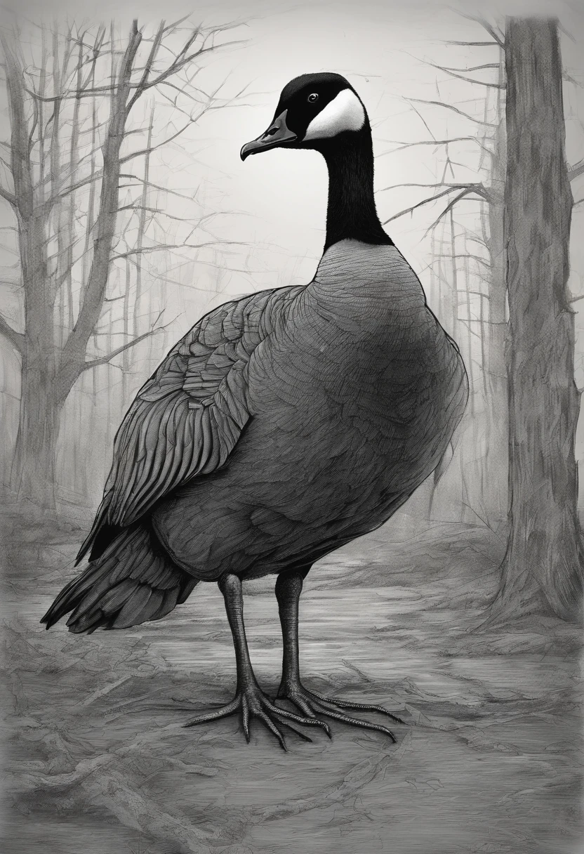 A sketch drawing of a monster canadian goose with spider legs.