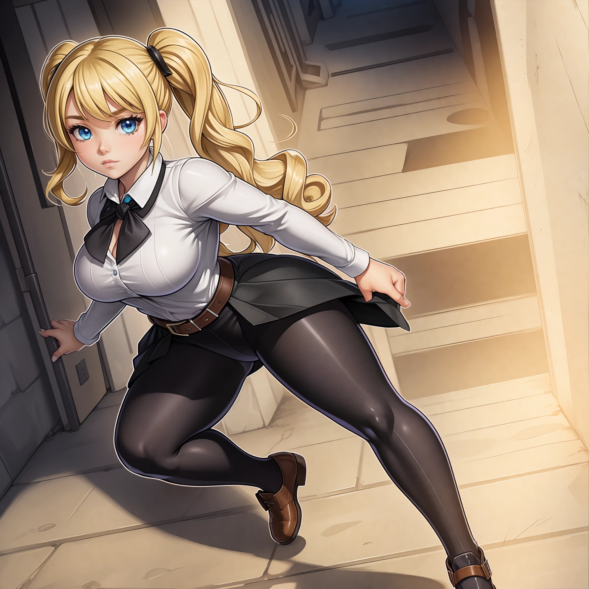 yugioh style, yugioh monster, extremely long hair perfect anatomy tall solo curvy ((muscular)) leggings toned body, best quality, masterpiece, safe for work, 1girl, solo, solo focus, A hentai manga character, Nanako Von Meinsfelt, by Fan no hitori, uploaded to Nhentai.net, blonde hair giant curly twintail, (twintail, drill), Blonde eyelashes, blonde eyebrows, ojou-sama, black school uniform, red cravat with a white cross on it, black pantyhose, brown mary jane shoes, a black pleated skirt, with stunning blue eyes, large breasts, thick thighs, standing, masterpiece, best quality, full-body portrait, background messy alleyway
