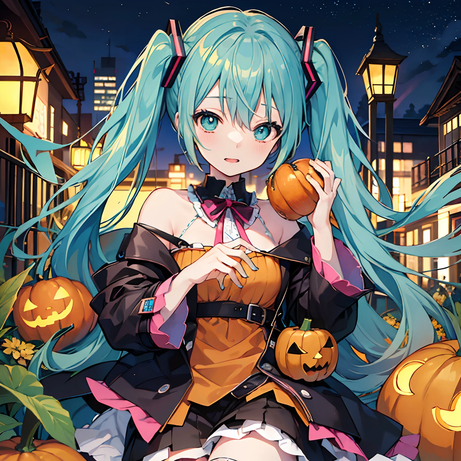 (top-quality、masutepiece)、miku hatsune、(((Delicat eyes)))、nightcity、Pumpkin Objects