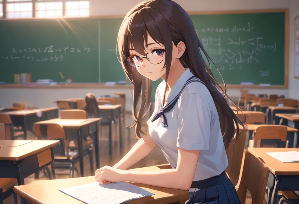 female, (()) long hair, high school, white top uniform, gray bottom, wearing a span skirt, above the knee, white short-sleeved uniform, on the shirt there is a pocket with a brown square emblem, on the left there is school name emblem, all clothes removed, visible, stomach exposed, she is not wearing panties, not wearing a bra, the shadow of her is slightly visible. hard prominent , beautiful face, perfect face, perfect body, she sits in a school chair, classroom background, study table, school chair, room walls, black blackboard with white chalk writing, she is a girl with glasses, lighting from the room window , realistic 3d, perfect 3d image, perfect body, perfect hands , perfect eyes, perfect , black hairy , (( visible)), perfect photography shot, seductive pose, sexy, seen from the best angle, sensual face , bokeh, five fingers, perfect body, black sneakers, full body shot, butt lift, skirt up, ass seen from behind, best view, perfect legs