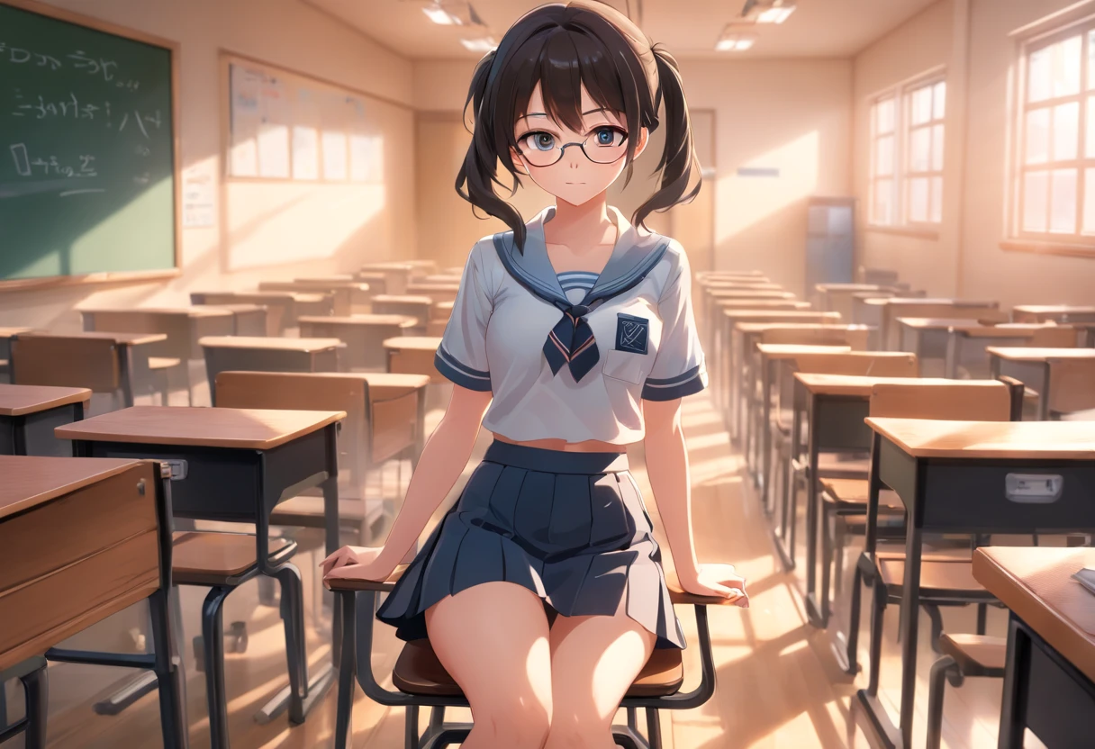 female, (()) long hair, high school, white top uniform, gray bottom, wearing a span skirt, above the knee, white short-sleeved uniform, on the shirt there is a pocket with a brown square emblem, on the left there is school name emblem, all clothes removed, visible, stomach exposed, she is not wearing panties, not wearing a bra, the shadow of her is slightly visible. hard prominent , beautiful face, perfect face, perfect body, she sits in a school chair, classroom background, study table, school chair, room walls, black blackboard with white chalk writing, she is a girl with glasses, lighting from the room window , realistic 3d, perfect 3d image, perfect body, perfect hands , perfect eyes, perfect , black hairy , (( visible)), perfect photography shot, seductive pose, sexy, seen from the best angle, sensual face , bokeh, five fingers, perfect body, black sneakers, full body shot, butt lift, skirt up, ass seen from behind, best view, perfect legs