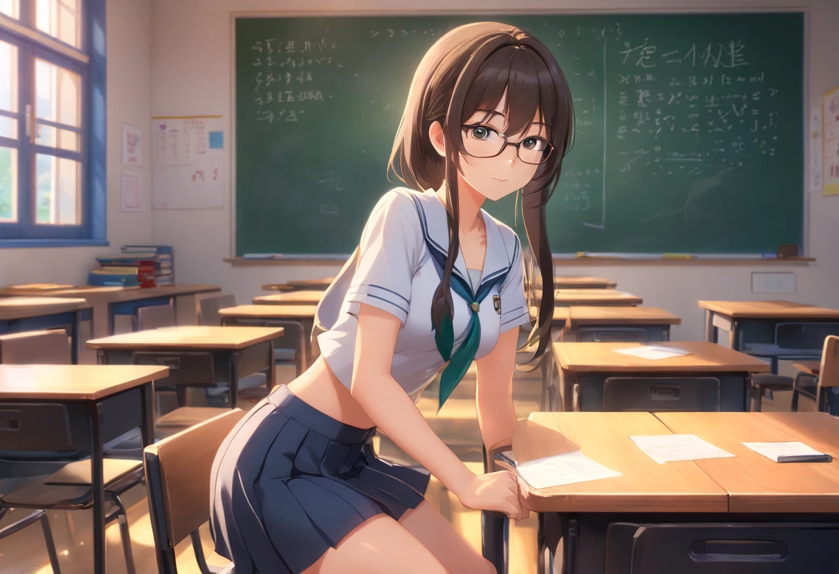 female, (()) long hair, high school, white top uniform, gray bottom, wearing a span skirt, above the knee, white short-sleeved uniform, on the shirt there is a pocket with a brown square emblem, on the left there is school name emblem, all clothes removed, visible, stomach exposed, she is not wearing panties, not wearing a bra, the shadow of her is slightly visible. hard prominent , beautiful face, perfect face, perfect body, she sits in a school chair, classroom background, study table, school chair, room walls, black blackboard with white chalk writing, she is a girl with glasses, lighting from the room window , realistic 3d, perfect 3d image, perfect body, perfect hands , perfect eyes, perfect , black hairy , (( visible)), perfect photography shot, seductive pose, sexy, seen from the best angle, sensual face , bokeh, five fingers, perfect body, black sneakers, full body shot, butt lift, skirt up, ass seen from behind, best view, perfect legs