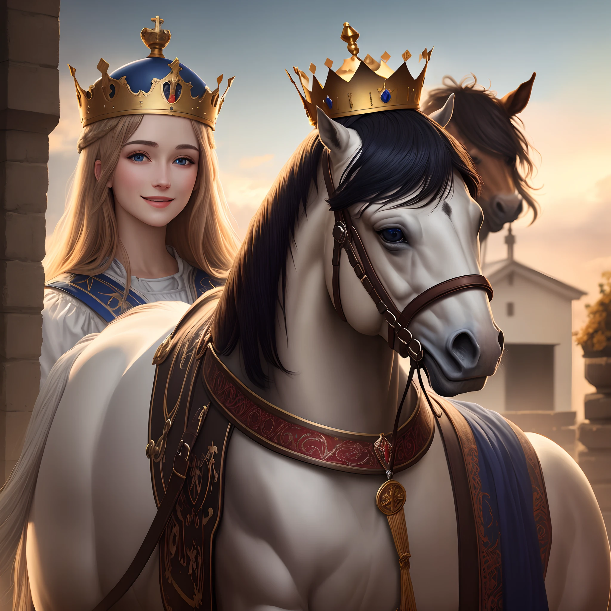 Jesus Christ with a crown and blue eyes, on top of a horse with a crown, smiling, hyper-realistic, 16k, beautifully detailed, extremely hyper-detailed, vibrant and soft colors