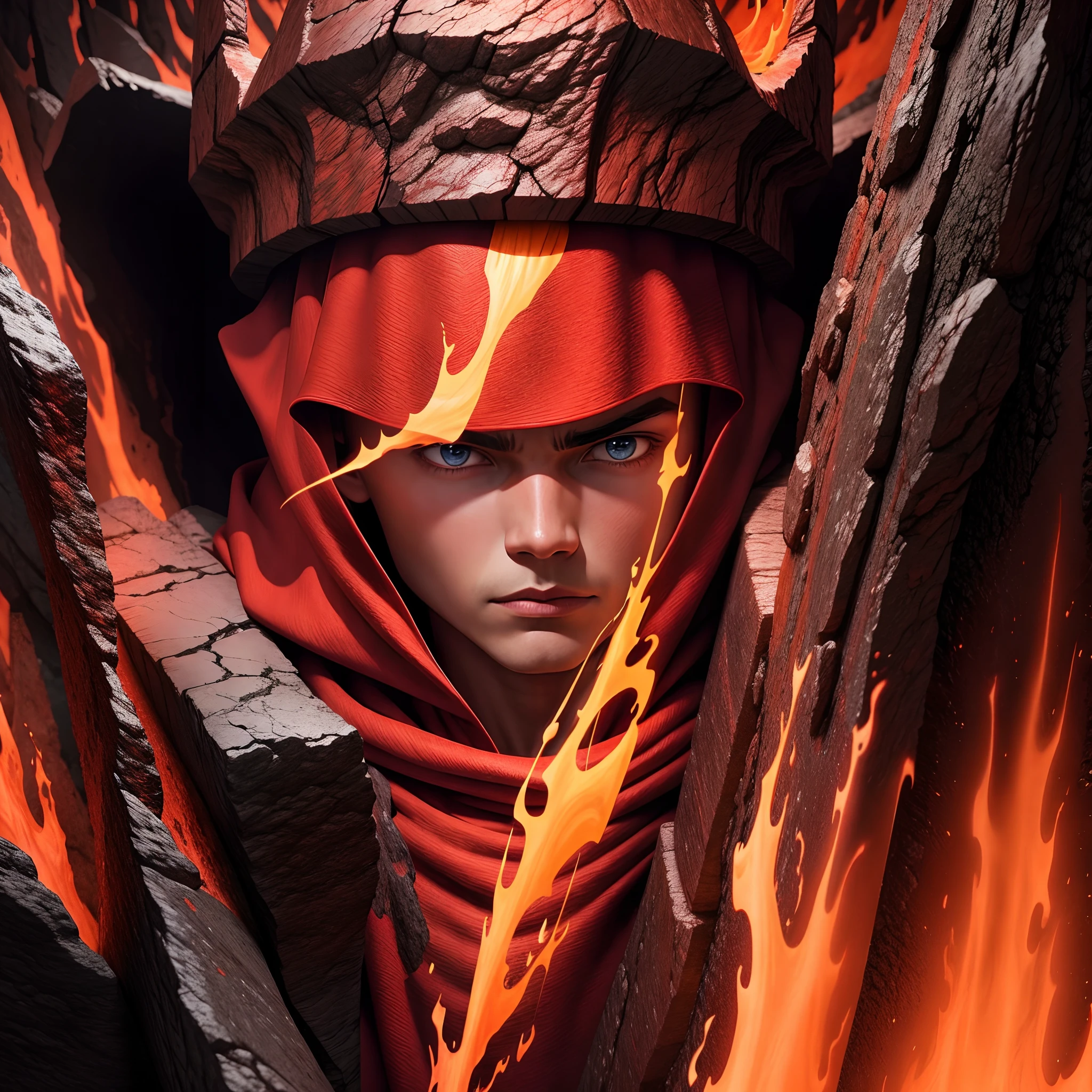 Lava boy, in lava room, red cloak lava, strong face