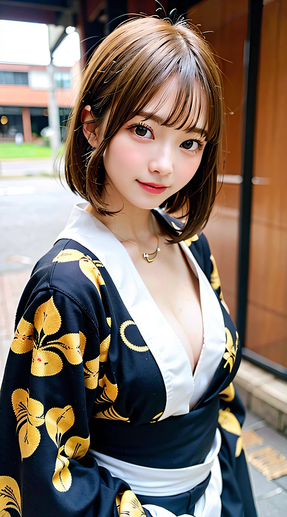 (8K, Raw photo:1.2), Detailed face and eyes,Best Quality, 超A high resolution, Highly detailed ,intricate detailes ,masutepiece ,Cute Girl , Soft cinematic light, Hyper-detailing,Sharp Focus, High quality, Blonde hair, bob cuts, Yukata, tits out, NSFW, Tie your hair back