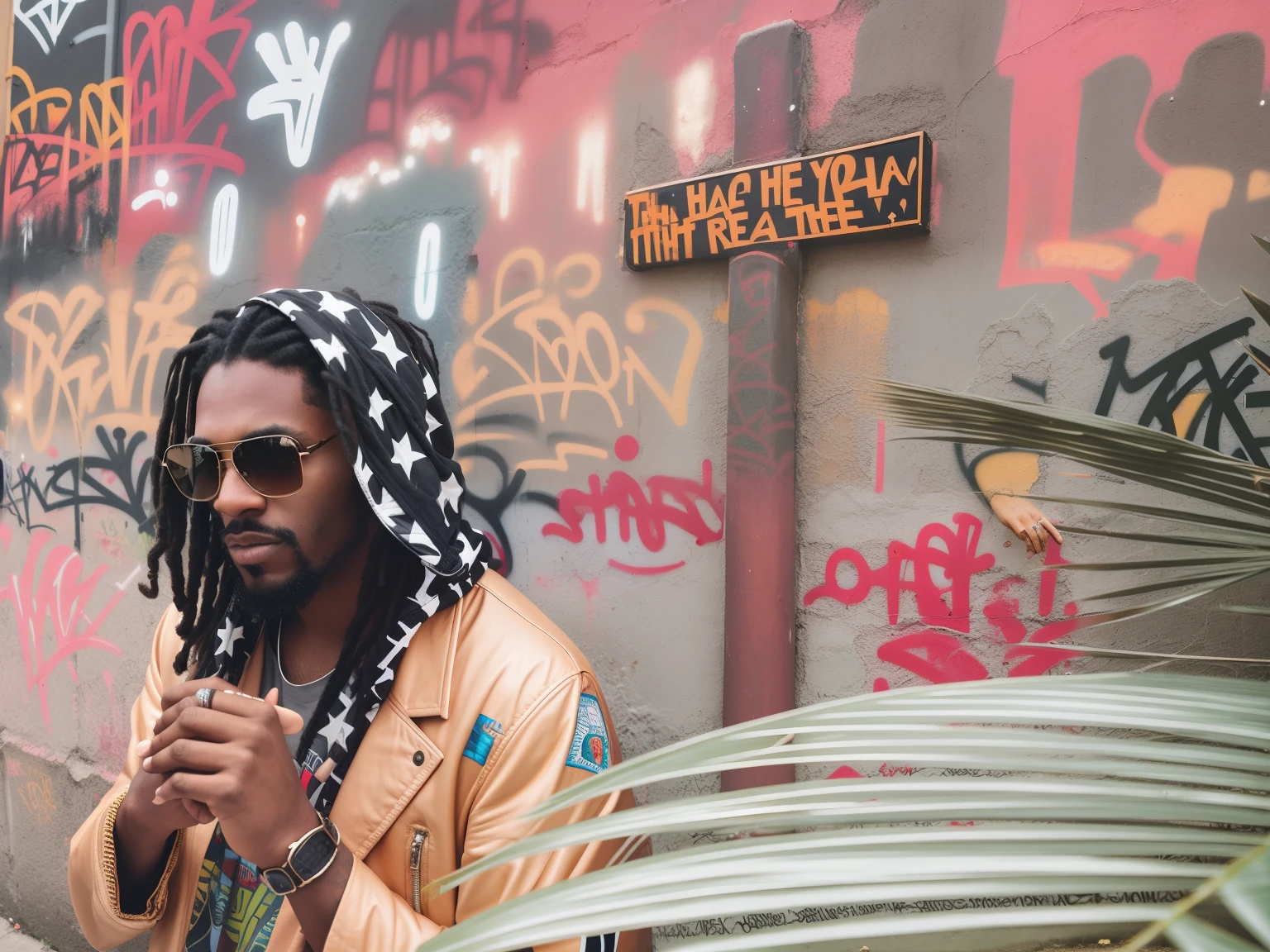 there is a man standing in front of a wall with a sign, jesus christ smoking a blunt, looking this way, black jesus, graffiti in the background, highly aesthetic, album art, graffiti in background, aesthetic shot, dressed like jesus christ, shot on sony a 7, cyberpunk jesus christ, mid shot portrait, with a cool pose, nostalgic vibes, sitting down