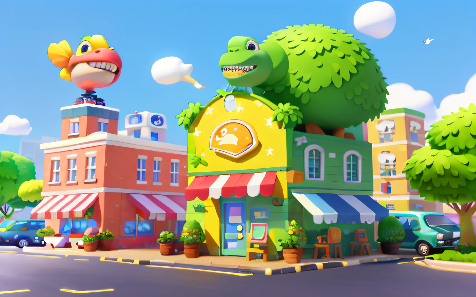 Cartoony，A peculiar dinosaur-shaped barbershop building，There are cute dinosaurs next to it，Gromurosaurus，Tyrannosaurus Rex Pixar style，cartoonish style， polygon， Dinosaur building，，adolable， Game architectural design， fanciful， Charming concert hall， desks， music instrument， steins， Bricks， grassy， florals， the trees， casual game style， Originality， best detail， ........3D， Blander， tmasterpiece， best qualtiy， toon rendering， 8K