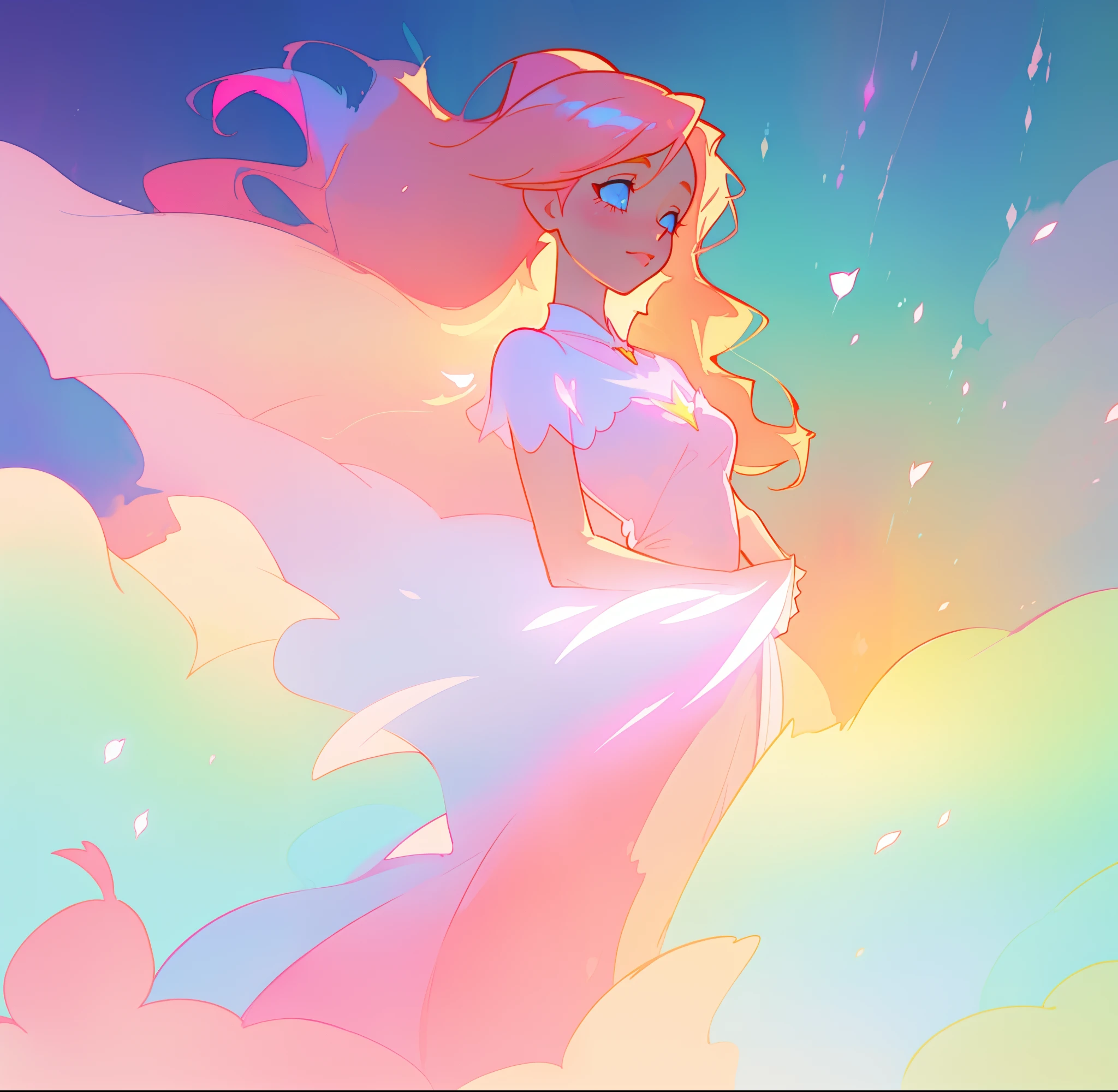 beautiful girl in pink white dress, fairy dress, long gold and red hair, watercolor illustration, inspired by Glen Keane, inspired by Lois van Baarle, disney art style, by Lois van Baarle, glowing aura around her, by Glen Keane, jen bartel, glowing lights! digital painting, flowing glowing hair, glowing flowing hair, beautiful digital illustration, fantasia otherworldly landscape plants flowers, beautiful, masterpiece, best quality, anime disney style