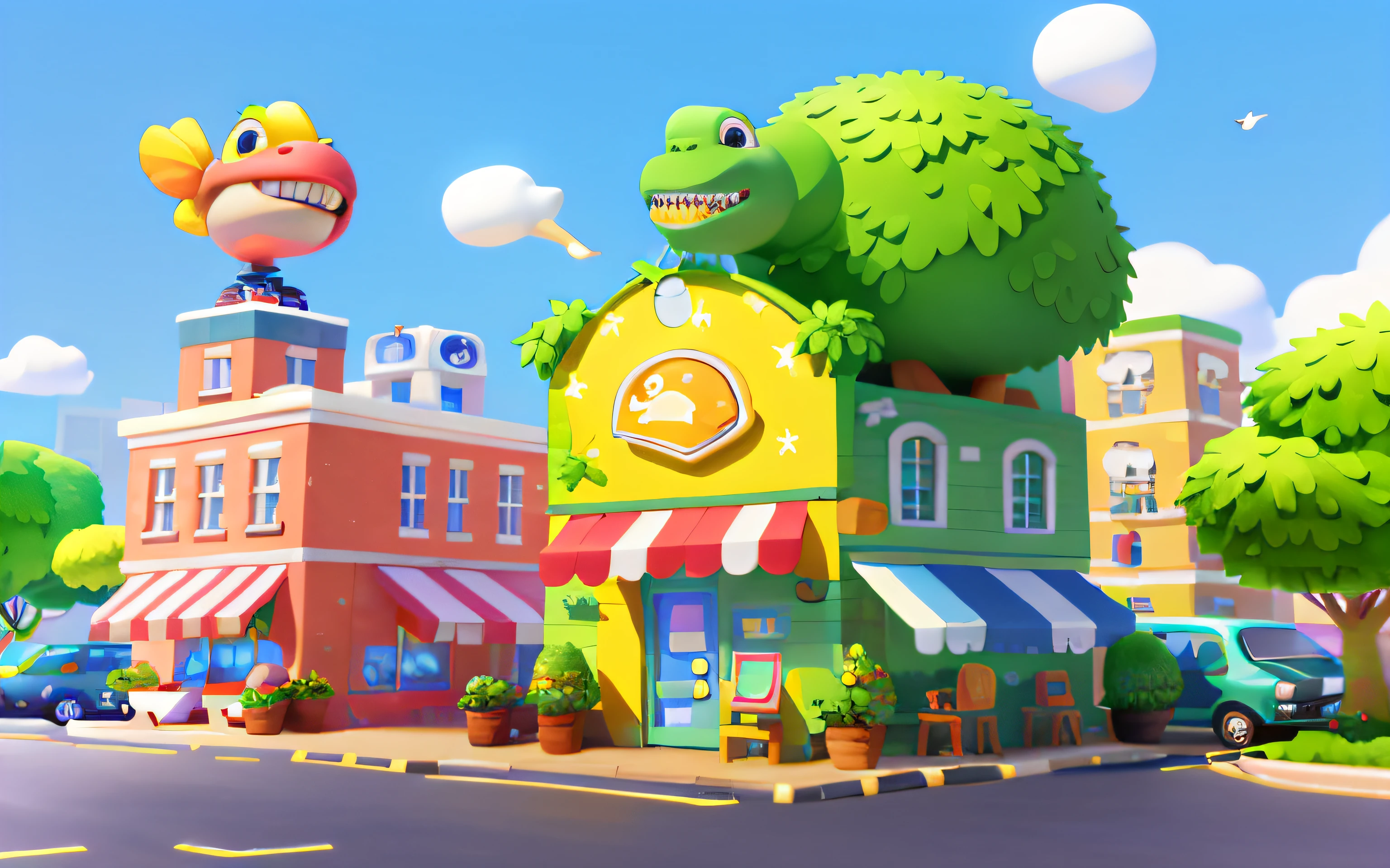 Cartoony,A peculiar dinosaur-shaped barbershop building,There are cute dinosaurs next to it,Gromurosaurus,Tyrannosaurus Rex Pixar style,cartoonish style, polygon, Dinosaur building,,adolable, Game architectural design, fanciful, Charming concert hall, desks, music instrument, steins, Bricks, grassy, florals, the trees, casual game style, Originality, best detail, ........3D, Blander, tmasterpiece, best qualtiy, toon rendering, 8K