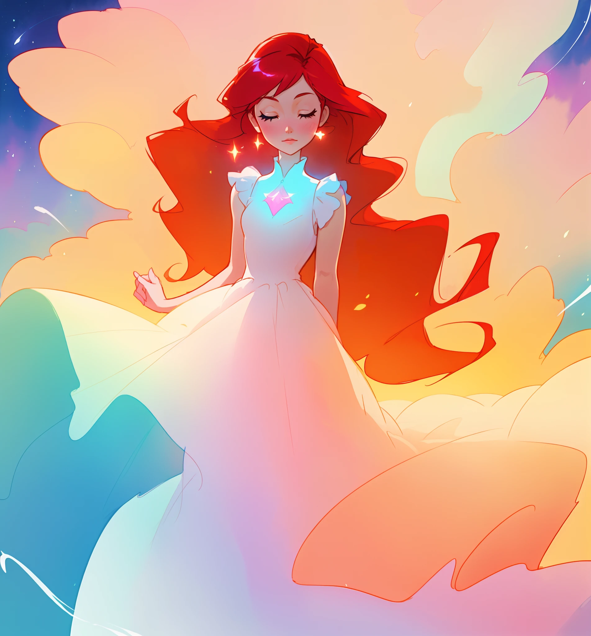 beautiful girl in puffy ballgown dress, fairy dress, long red hair, watercolor illustration, inspired by Glen Keane, inspired by Lois van Baarle, disney art style, by Lois van Baarle, glowing aura around her, by Glen Keane, jen bartel, glowing lights! digital painting, flowing glowing hair, glowing flowing hair, beautiful digital illustration, fantasia otherworldly landscape plants flowers, beautiful, masterpiece, best quality, anime disney style