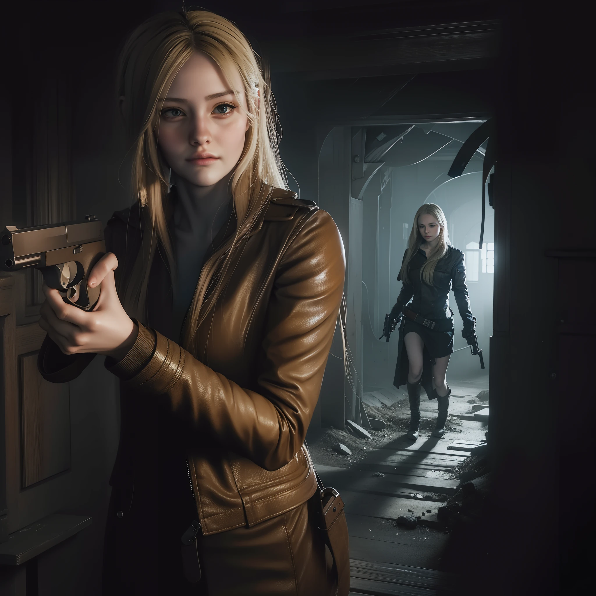 Perfect female, beautiful face, ages 25, long blonde hair, holding a gun