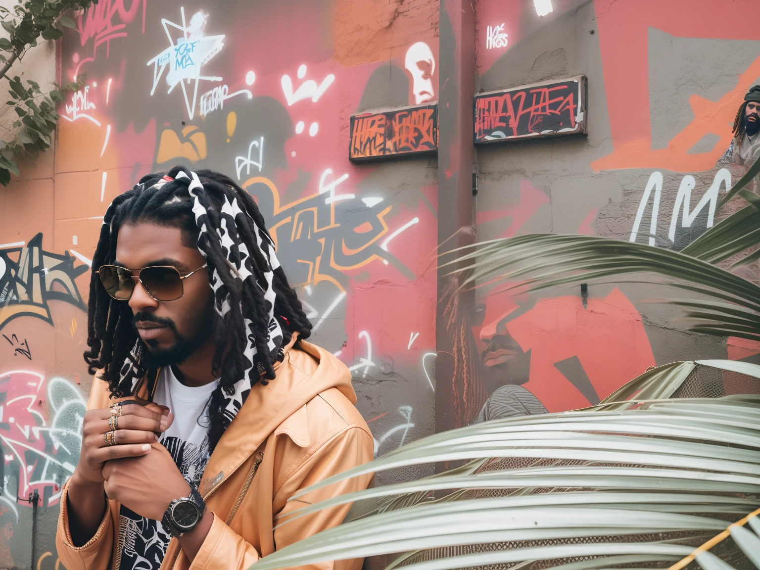 there is a man standing in front of a wall with a sign, jesus christ smoking a blunt, looking this way, black jesus, graffiti in the background, highly aesthetic, album art, graffiti in background, aesthetic shot, dressed like jesus christ, shot on sony a 7, cyberpunk jesus christ, mid shot portrait, with a cool pose, nostalgic vibes, sitting down
