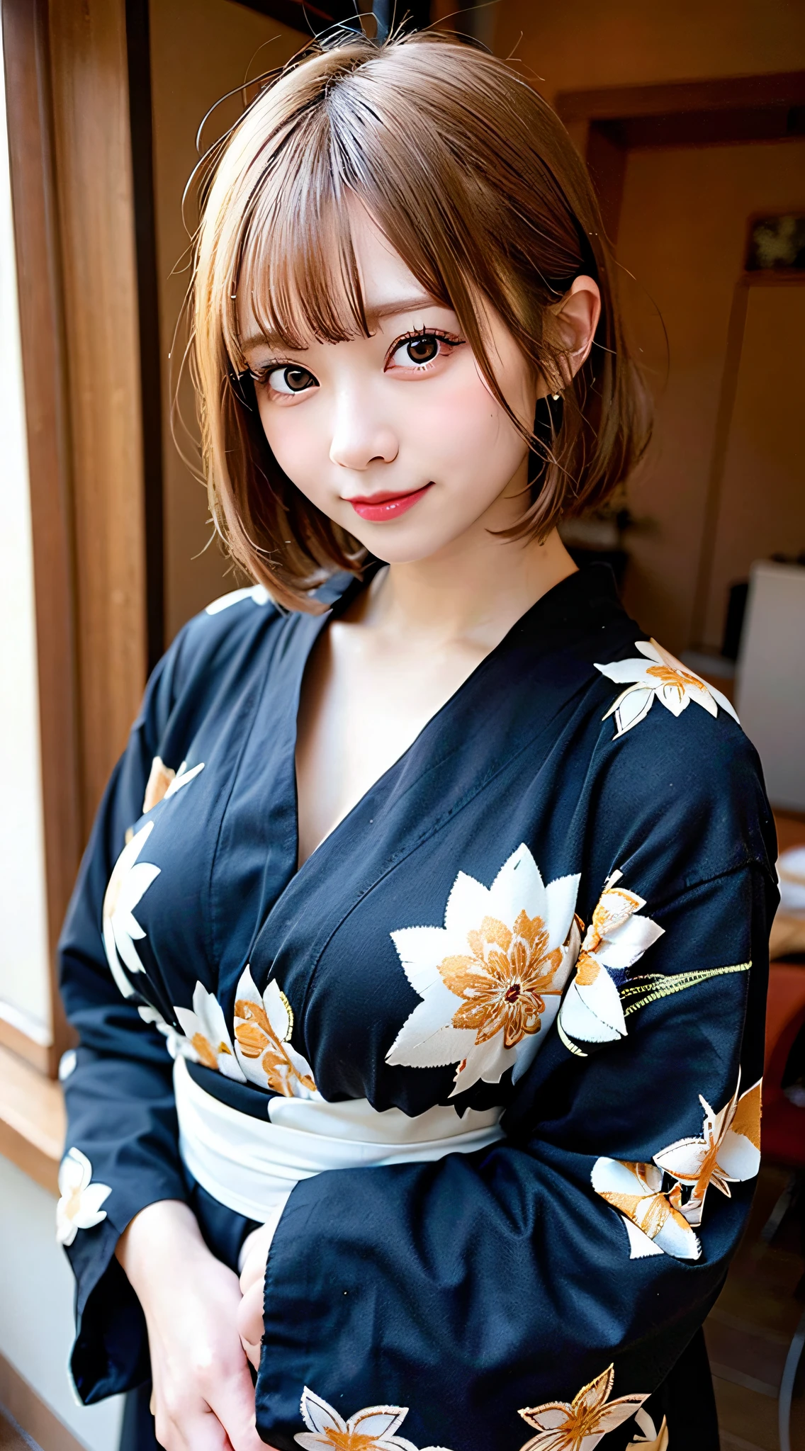 (8K, Raw photo:1.2), Detailed face and eyes,Best Quality, 超A high resolution, Highly detailed ,intricate detailes ,masutepiece ,Cute Girl , Soft cinematic light, Hyper-detailing,Sharp Focus, High quality, Blonde hair, bob cuts, Yukata, tits out, NSFW, Upstyle