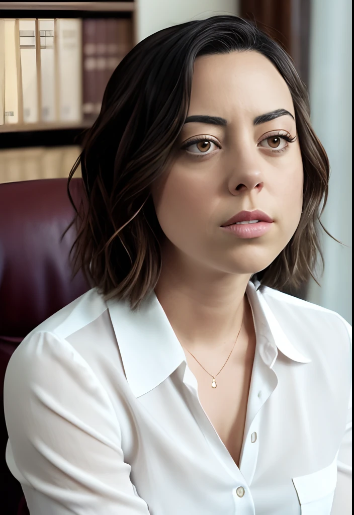 masterpiece, lifelike upper body image of AubreyPlaza, wearing a white blouse, photo realistic, highly detailed, arms folded, detailed face, resting bitch face, dramatic lighting, detailed eyes, sitting behind desk