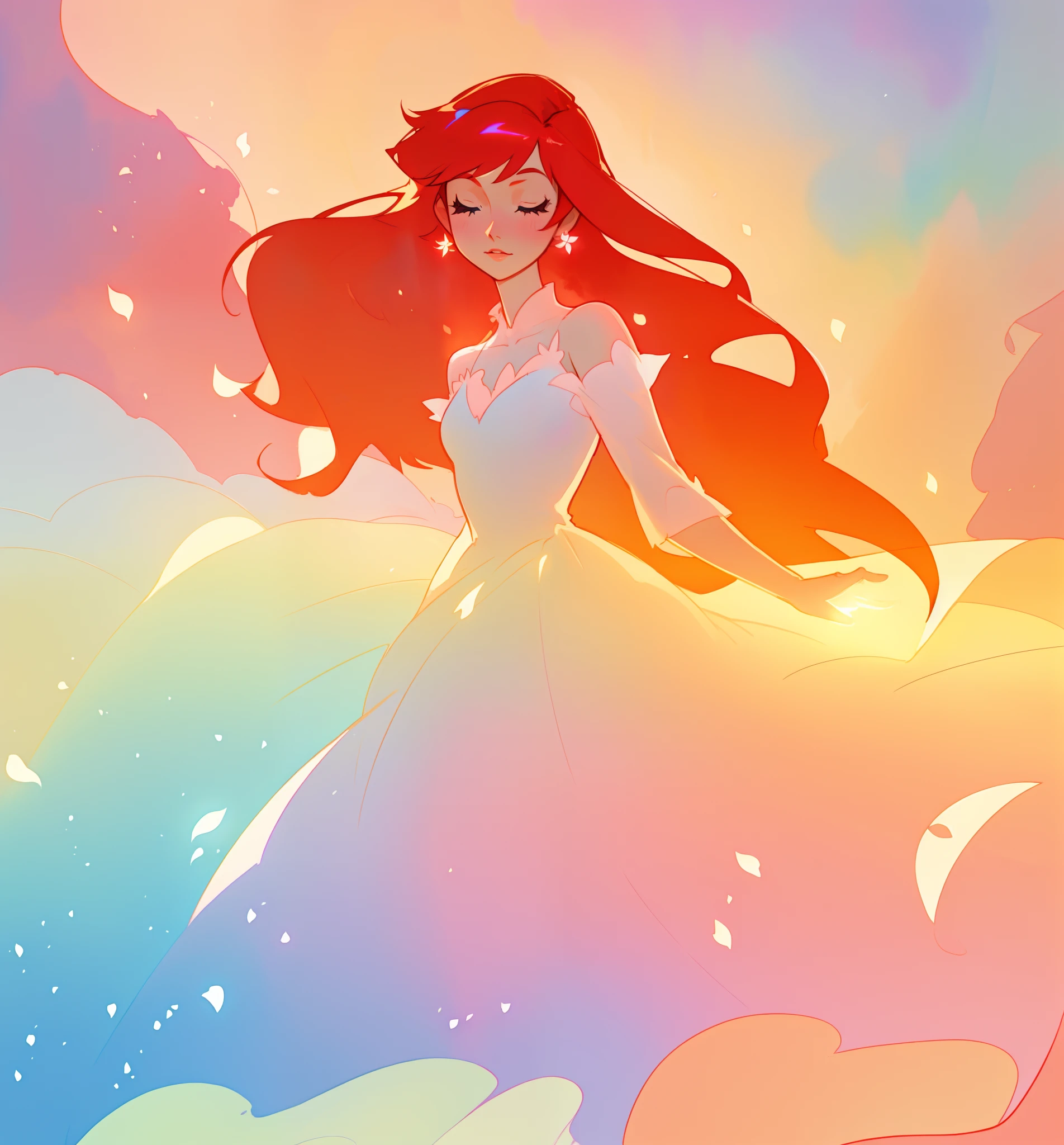 beautiful girl in puffy ballgown dress, fairy dress, long red hair, watercolor illustration, inspired by Glen Keane, inspired by Lois van Baarle, disney art style, by Lois van Baarle, glowing aura around her, by Glen Keane, jen bartel, glowing lights! digital painting, flowing glowing hair, glowing flowing hair, beautiful digital illustration, fantasia otherworldly landscape plants flowers, beautiful, masterpiece, best quality, anime disney style