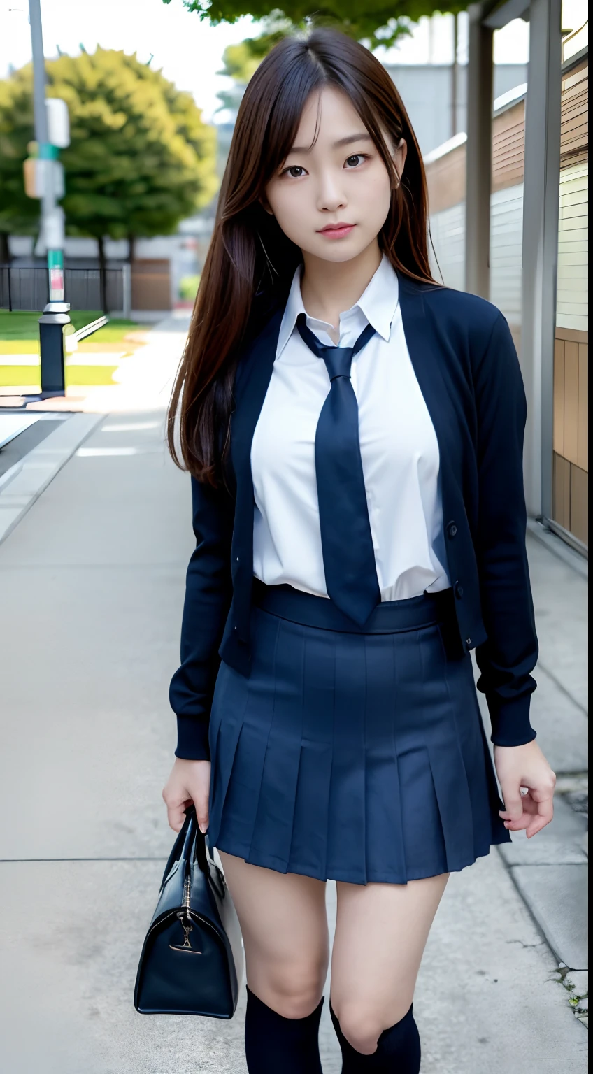 girl standing and unbuttoning in classroom,white long-sleeved open shirt,white underwear,gray plaid pleated skirt,bow tie,18-year-old,bangs,a little smile,thighs,knees,short hair and low ponytails with barrette,from below,front light