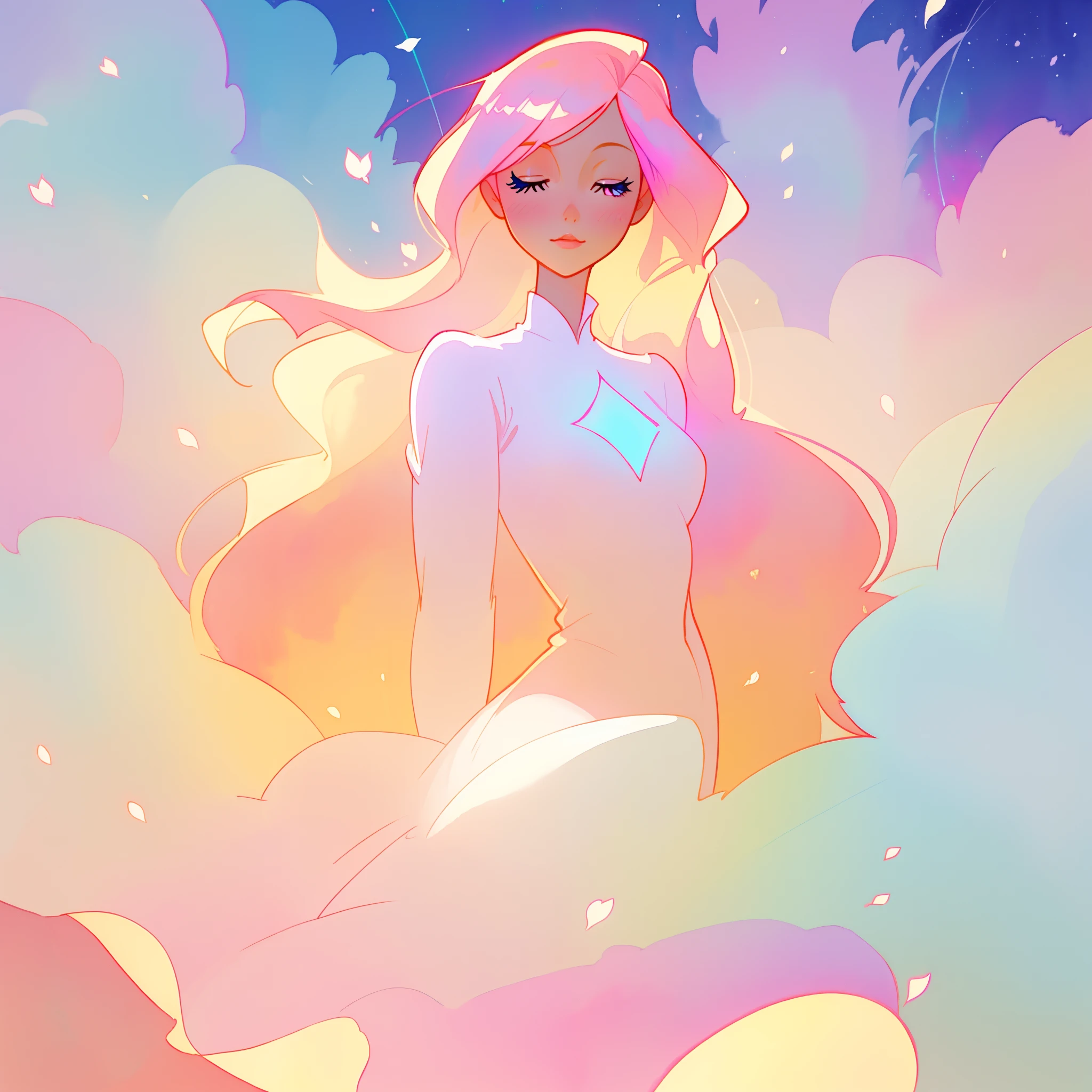 beautiful girl in pink and white dress, fairy dress, long golden hair, watercolor illustration, inspired by Glen Keane, inspired by Lois van Baarle, disney art style, by Lois van Baarle, glowing aura around her, by Glen Keane, jen bartel, glowing lights! digital painting, flowing glowing hair, glowing flowing hair, beautiful digital illustration, fantasia otherworldly landscape plants flowers, beautiful, masterpiece, best quality, anime disney style