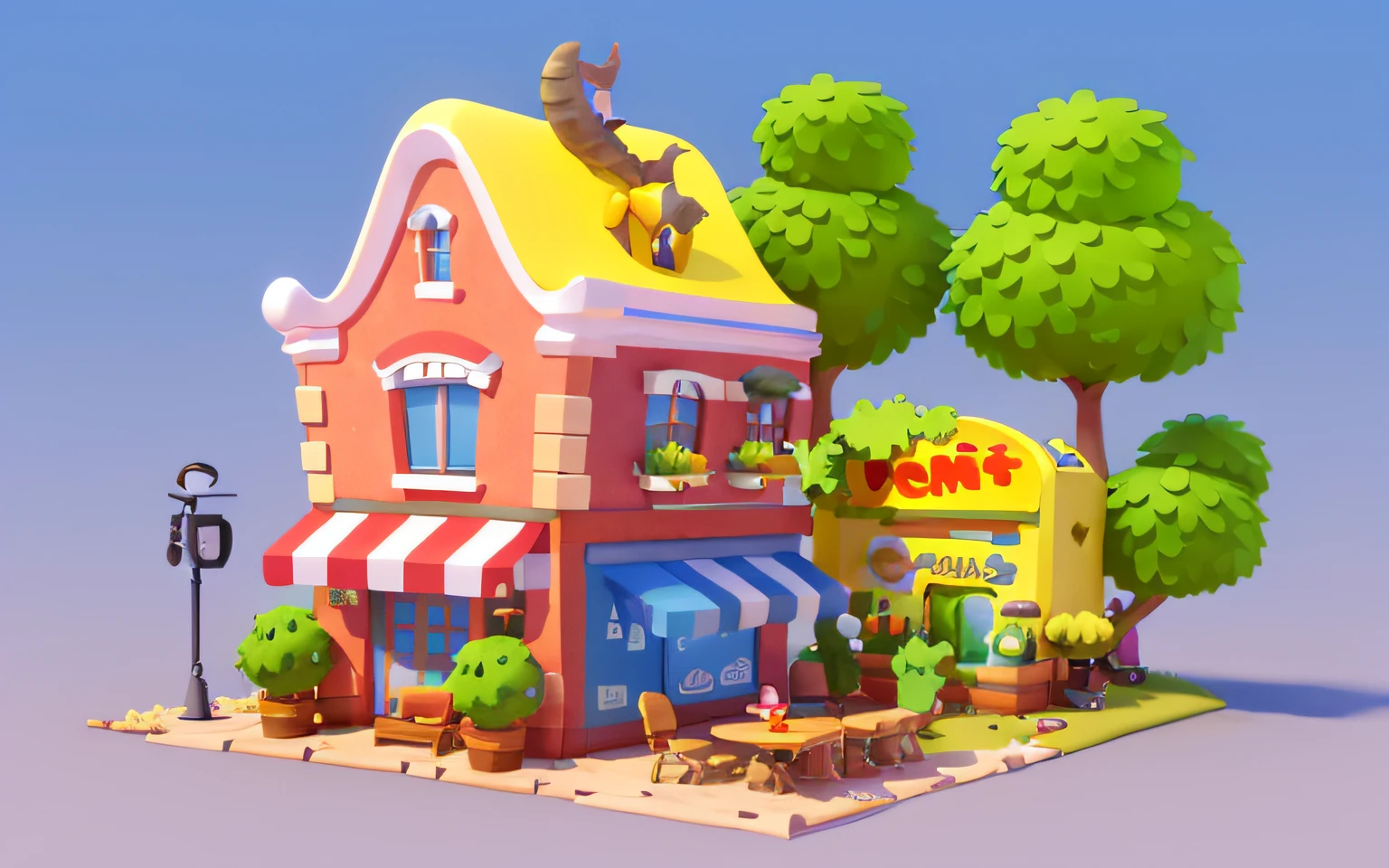 Cartoony,Unique dinosaur-shaped building,Barbershop building,There are cute dinosaurs next to it,Gromurosaurus,Tyrannosaurus Rex Pixar style,cartoonish style, polygon, Dinosaur building,,adolable, Game architectural design, fanciful, Charming concert hall, desks, music instrument, steins, Bricks, grassy, florals, the trees, casual game style, Originality, best detail, ........3D, Blander, tmasterpiece, best qualtiy, toon rendering, 8K,clean backdrop,