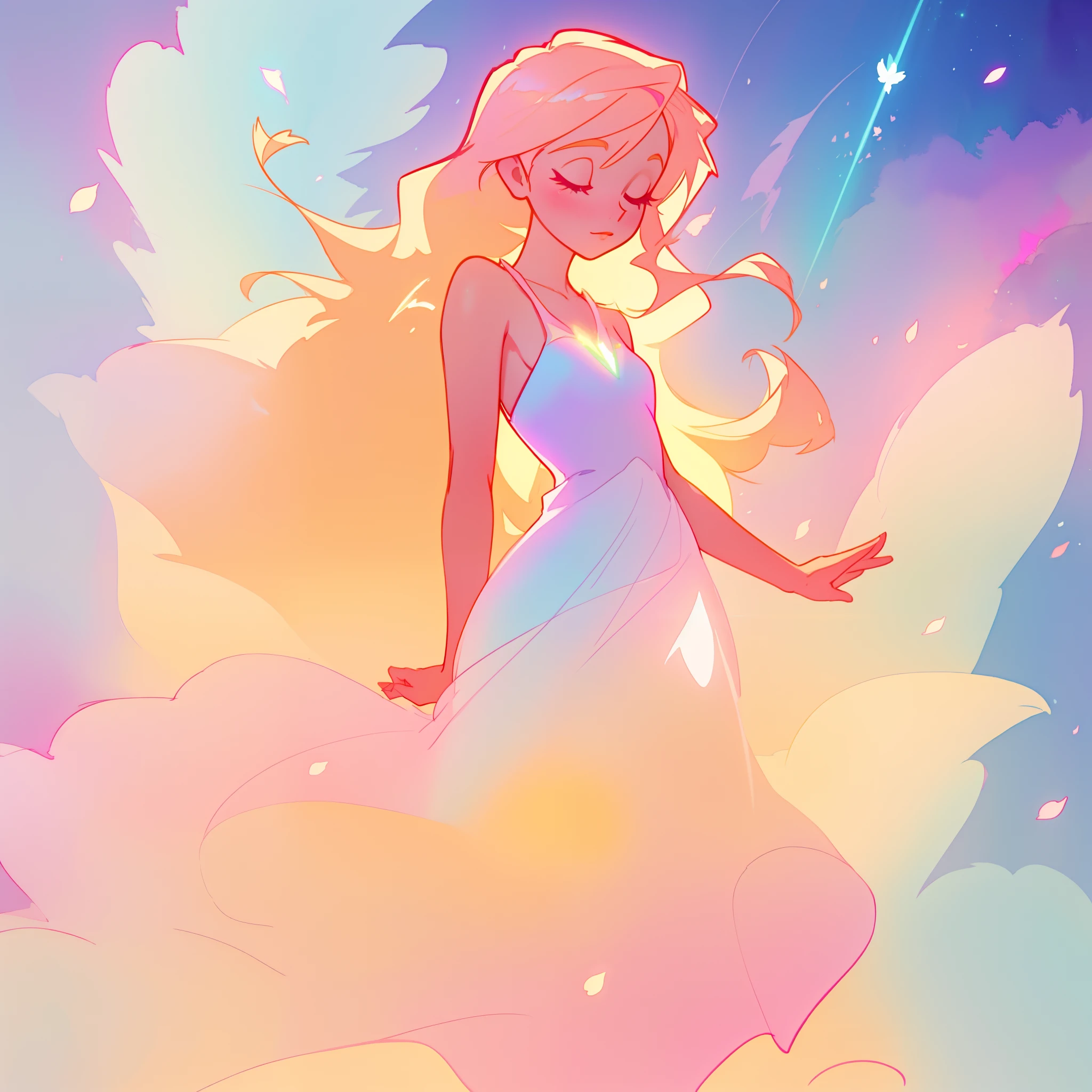 beautiful girl in pink and white dress, fairy dress, long golden hair, watercolor illustration, inspired by Glen Keane, inspired by Lois van Baarle, disney art style, by Lois van Baarle, glowing aura around her, by Glen Keane, jen bartel, glowing lights! digital painting, flowing glowing hair, glowing flowing hair, beautiful digital illustration, fantasia otherworldly landscape plants flowers, beautiful, masterpiece, best quality, anime disney style