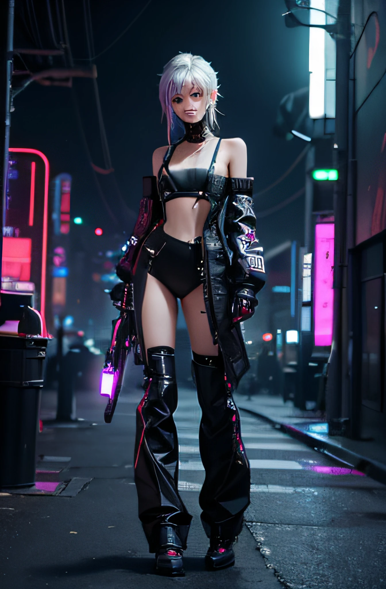 top-quality、Futuristic 8K resolution、Innovative works：1.3、Incredible Creativity、Perfect full-body depiction of a cyberpunk beauty：1.4、Unknown Beauty、cyber punk style：1.3、Cyber Neon Glow、Stylish hairstyle：1.2、Surprisingly slender body：1.2、Future fashion：1.1、Technology meets beauty、Seductive cyberpunk beauties：1.3、mind-blowing detail、A unique visual experience。