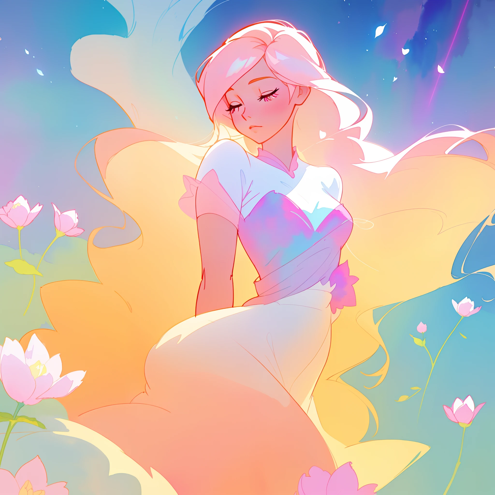 beautiful girl in pink and white dress, fairy dress, long golden hair, watercolor illustration, inspired by Glen Keane, inspired by Lois van Baarle, disney art style, by Lois van Baarle, glowing aura around her, by Glen Keane, jen bartel, glowing lights! digital painting, flowing glowing hair, glowing flowing hair, beautiful digital illustration, fantasia otherworldly landscape plants flowers, beautiful, masterpiece, best quality, anime disney style