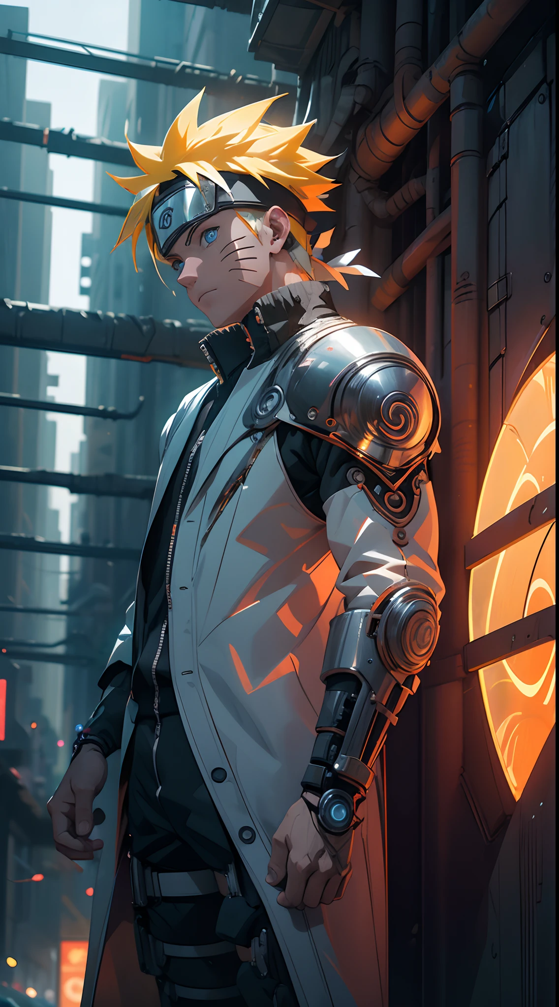 Masterpiece, Naruto cyborg mode, look at the viewer, full mechanical body, intricate details, advanced technology, Orange lightning, detailed armor, bionic enhancements, neon lights, vivid colors,  contrasting shadows, Blue eyes, urban setting, nighttime backdrop, high contrast lighting, bold lines, blurring effects, ultra-realistic, 4k resolution