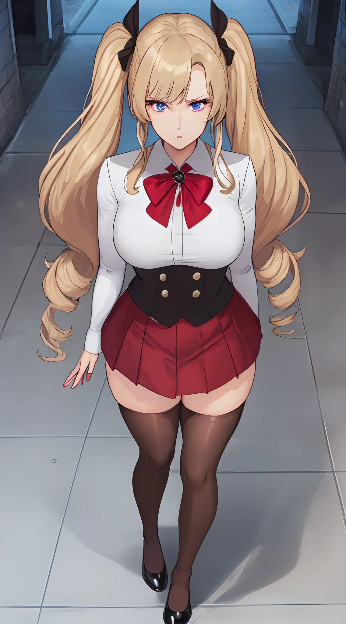 C1tyHunt3er, extremely long hair perfect anatomy tall solo curvy ((muscular)) leggings toned body, best quality, masterpiece, safe for work, 1girl, solo, solo focus, A hentai manga character, Nanako Von Meinsfelt, by Fan no hitori, uploaded to Nhentai.net, blonde hair giant curly twintail, (twintail, drill), Blonde eyelashes, blonde eyebrows, ojou-sama, black school uniform, red cravat with a white cross on it, black pantyhose, brown mary jane shoes, a black pleated skirt, with stunning blue eyes, large breasts, thick thighs, standing, masterpiece, best quality, full-body portrait, background messy alleyway