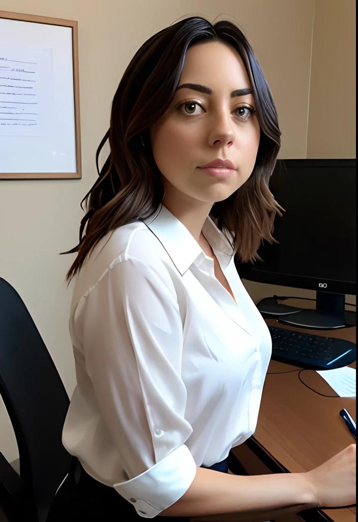 masterpiece, lifelike upper body image of AubreyPlaza, wearing a white blouse, photo realistic, highly detailed, arms folded, detailed face, resting bitch face, dramatic lighting, detailed eyes, sitting behind desk