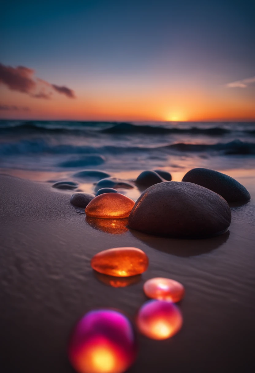 A group of glowing stones sits on the beach by the sea, Colorful glow, Magical beach, Bright glitter colors, glowing colors, Shimmering rich colors, colorful hd picure, breathtaking colors, beautiful sunset glow, Colorful sunset, Let the water sparkle, Beautiful wallpaper, Scenic Colorful Environment, glowing reflections, Amazing wallpapers, Colorful light, Clear neon water