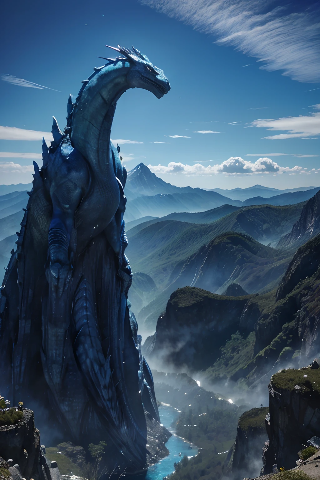 Best quality, 4K, Highs: 1.2, ultra-detailed, (realistic, photorealistic: 1.37), Mythology, blue flood dragon, shimmering blue scales, resplendent and powerful, winding around a massive mountain that tears through the skies.