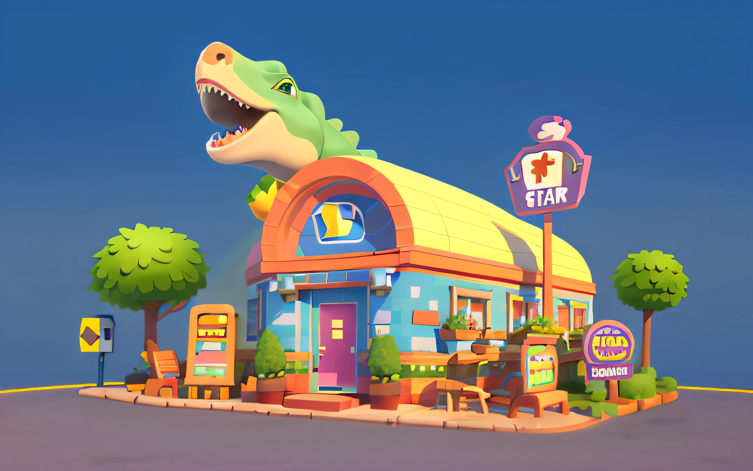 Cartoony,Unique dinosaur-shaped building,Barbershop building,There are cute dinosaurs next to it,Gromurosaurus,Tyrannosaurus Rex Pixar style,cartoonish style, polygon, Dinosaur building,,adolable, Game architectural design, fanciful, Charming concert hall, desks, music instrument, steins, Bricks, grassy, florals, the trees, casual game style, Originality, best detail, ........3D, Blander, tmasterpiece, best qualtiy, toon rendering, 8K,clean backdrop,