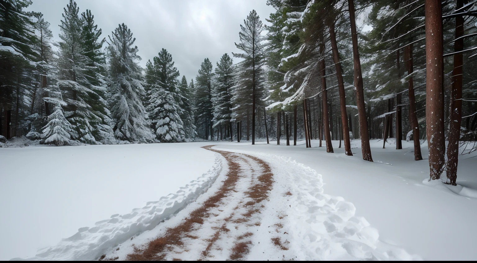 Thick layer of snow on a clearing in a pine forest, cloudy frozen over lake, park bench,