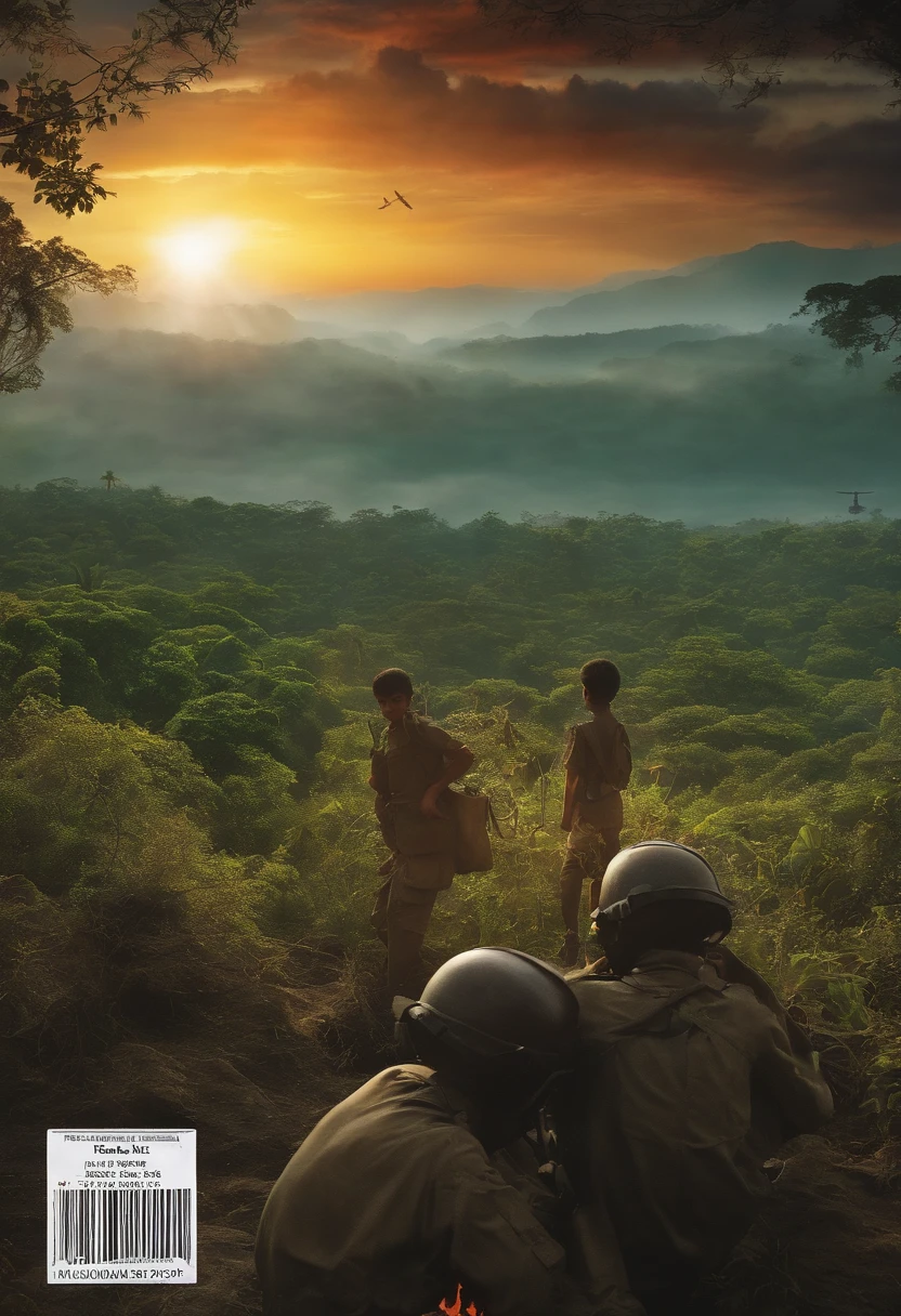 the CD cover contains images of youngs people contemplating the day when their difficult reality was good, boys looking at the horizon of vegetation, the sun, helicopters, tanks, explosions, people talking, religious Indonesians, realistic