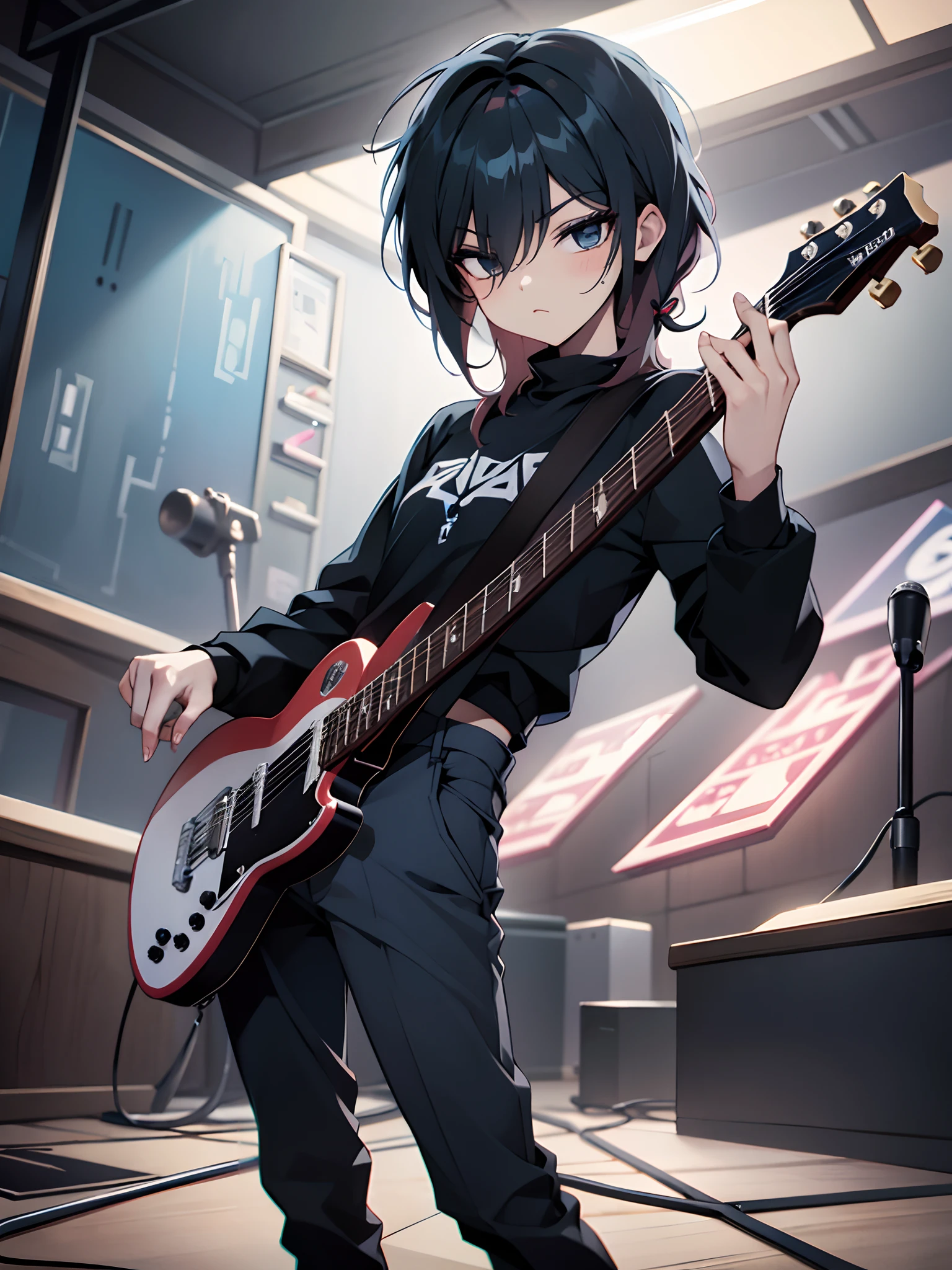 Garoto de 14 anos, Genderbend, cabelo preto, olhos pretos, segurando uma guitarra eletrica, Your fingers are pressed into the guitar, foto de corpo inteiro, Comics, rockeiro, tocando guitarra eletrica, Standing photo, black trousers, botas de couro, Foot Detail, 4k, Ultra, foto de corpo inteiro