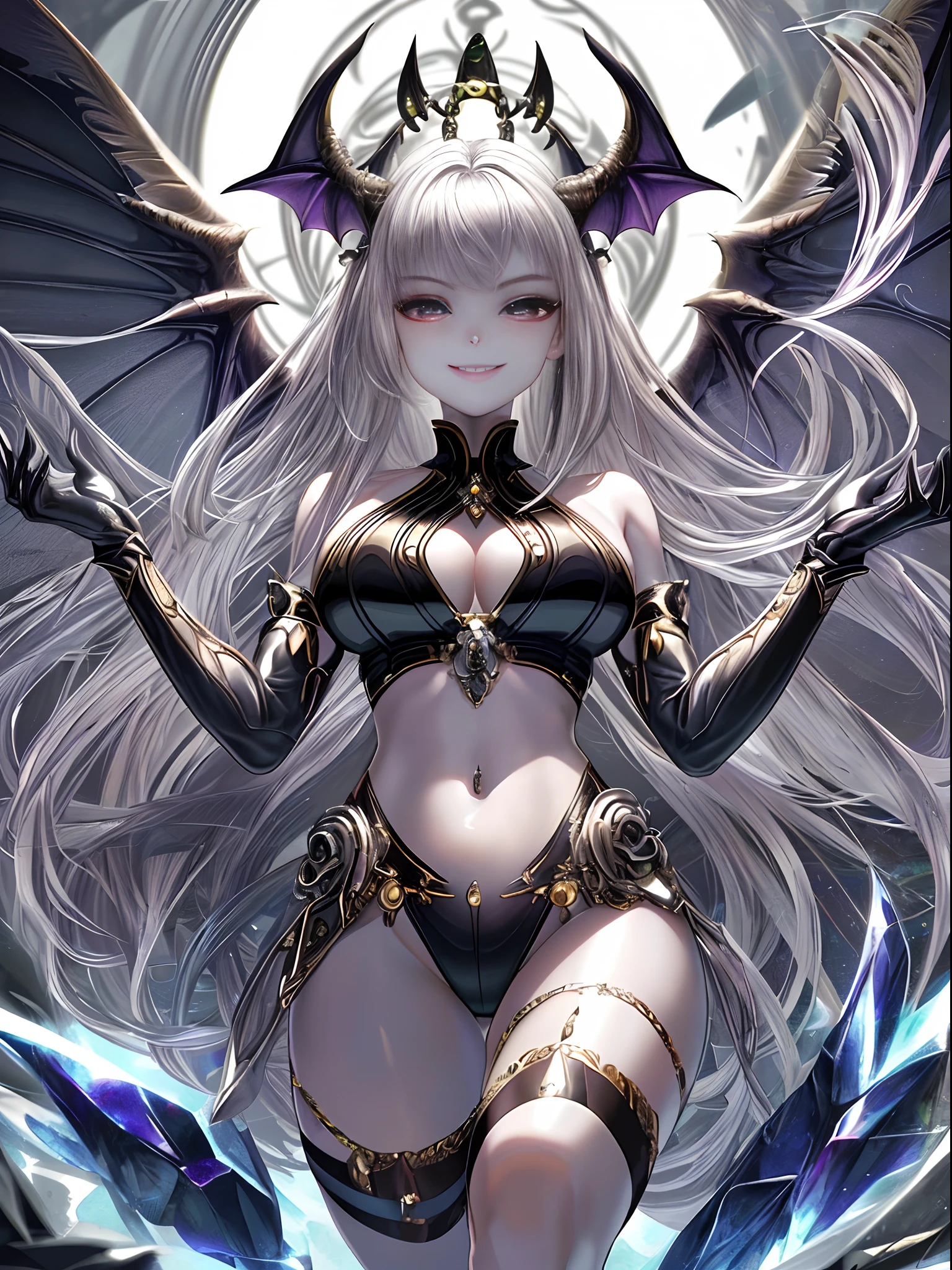 Master works, HD details, masterpieces, (best details), (high quality), (SOLO), (1 female, silver hair) (Succubus), (shiny skin), (Big oppai: 1.2), (Open pose: 1.2), (Lower abdomen tattoo: 1.4), ( lascivious smile on her face:1.2),DW_openpose_full